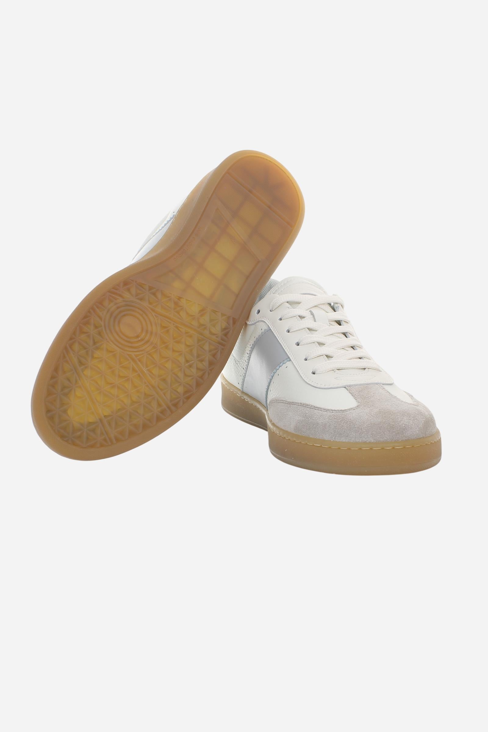 Retro tennis sneakers in leather and suede split with handcrafted details. Hot-branded logo and stitched latex sole for vintage style and superior lightness. - Taupe/Off White