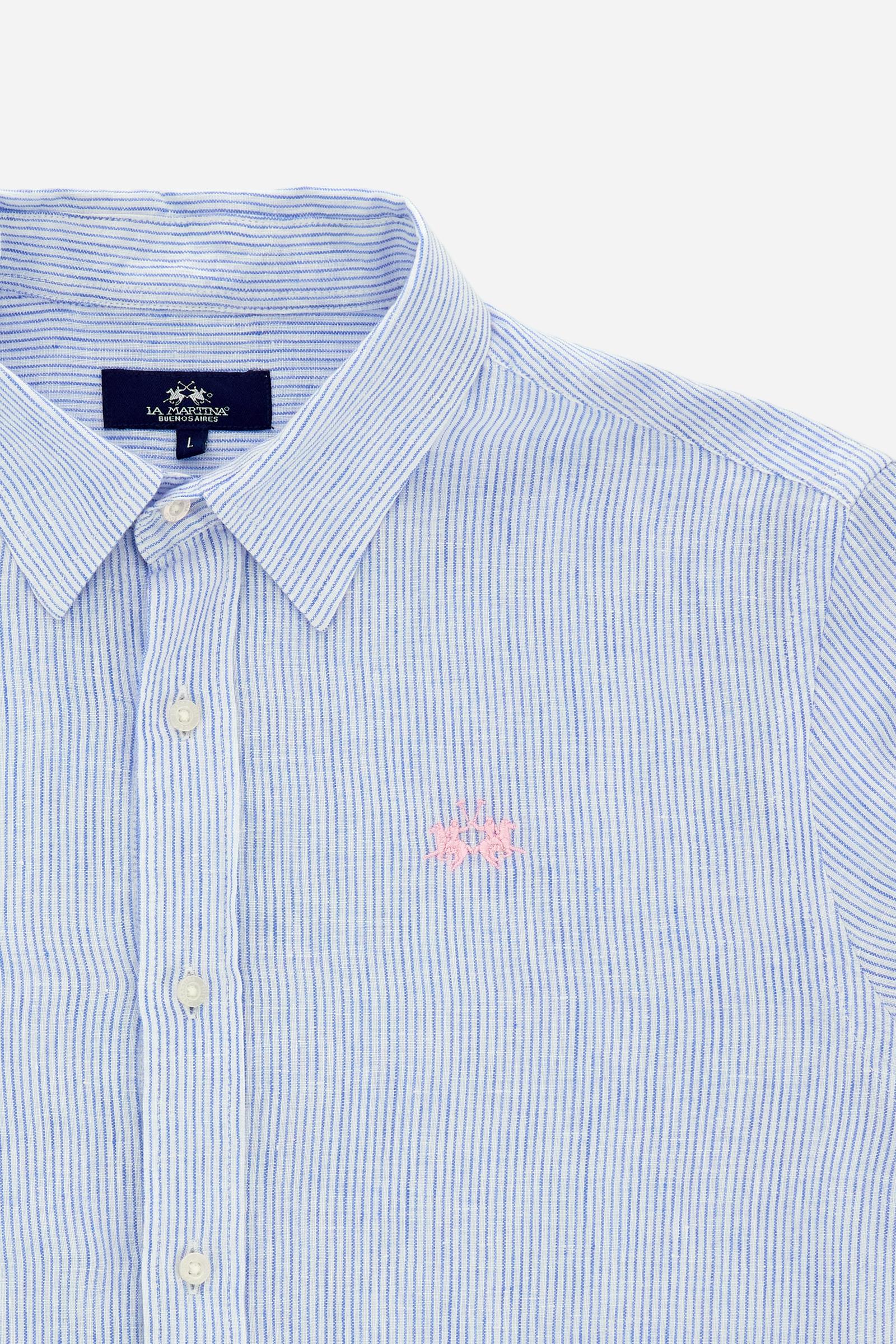 Shirt in 100% linen with vertical micro stripes and natural slub texture. Regular fit that follows the body. Embroidered logo on the chest and signature details on the placket. - OptWhitePrincessBlue