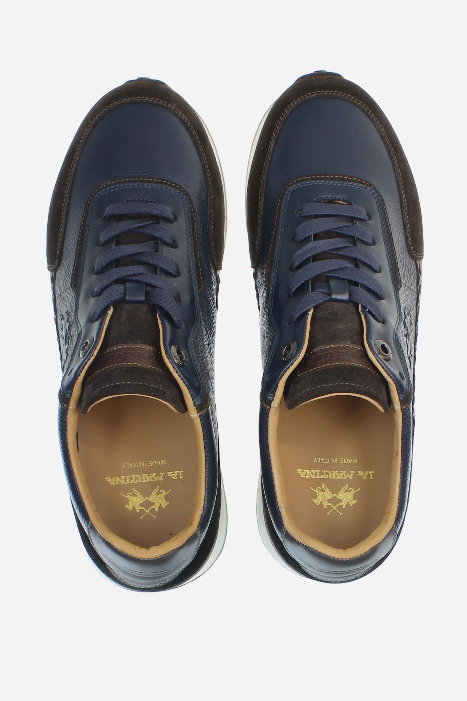 Sporty and elegant trainers in leather and suede, with ultralight technical soles in XL Extralight EVA. Perfect for anyone in search of comfort, performance and handcrafted details. - DARK BROWN/BLUE