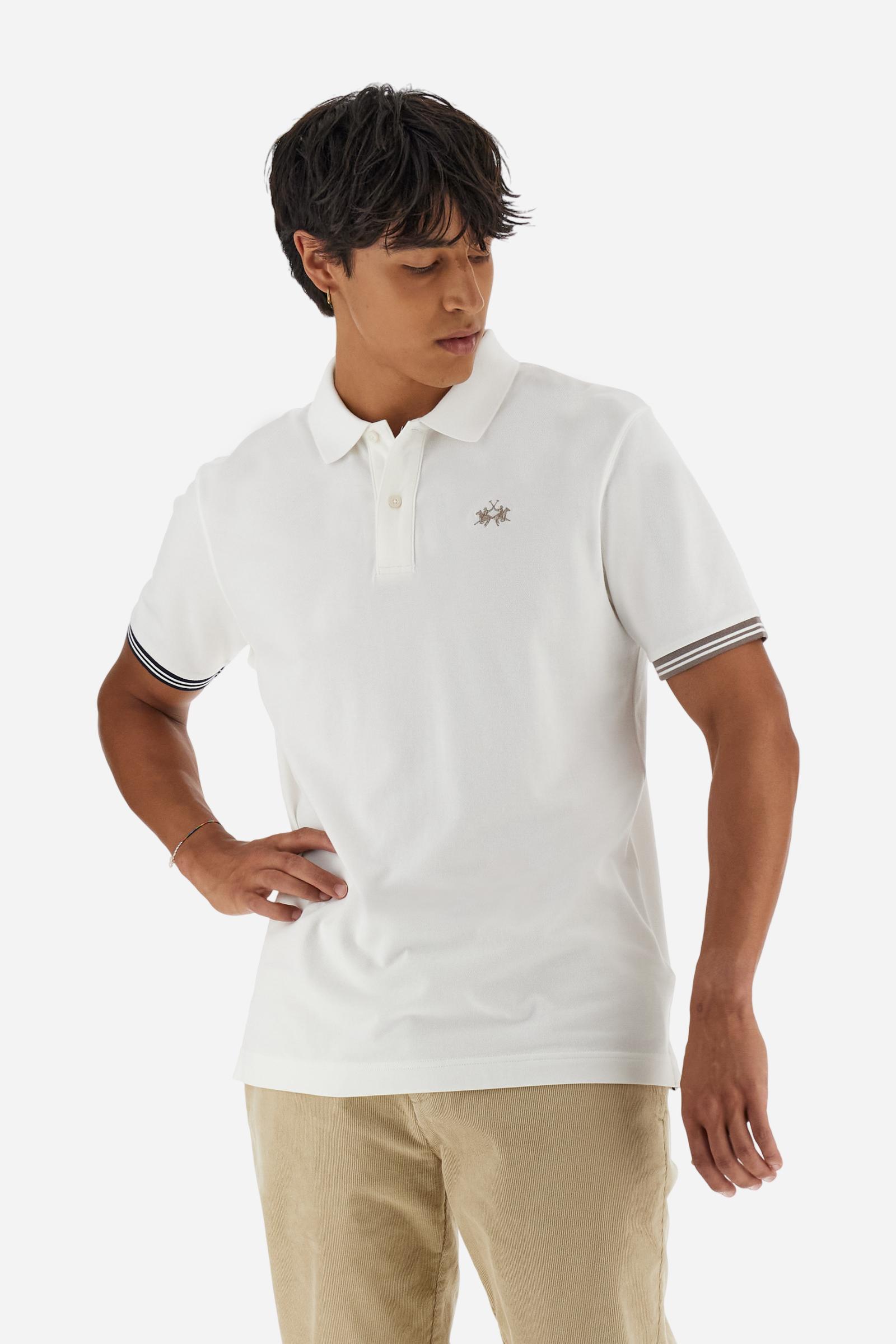 Men’s short-sleeve polo in high-quality stretch cotton piqué, ensuring excellent breathability and flexibility. Classic ribbed collar, two-button placket with customized buttons. Inner collar enriched with contrast tapes and colors for a modern touch. Multicolored ribbed cuffs with different patterns. Small contrast logo embroidered on the chest. Regular fit. Model wears size L. - Off White