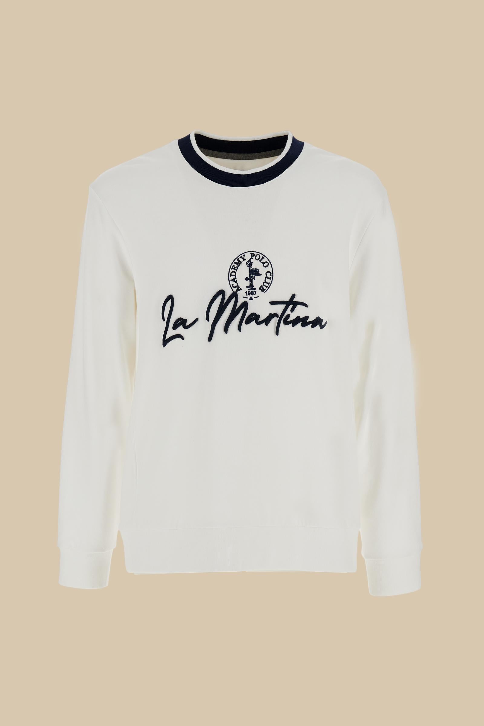 Men’s French Terry sweatshirt with contemporary fit, modern cut and hip-length design. Ribbed trim and contrast embroidery on the chest. - Optic White