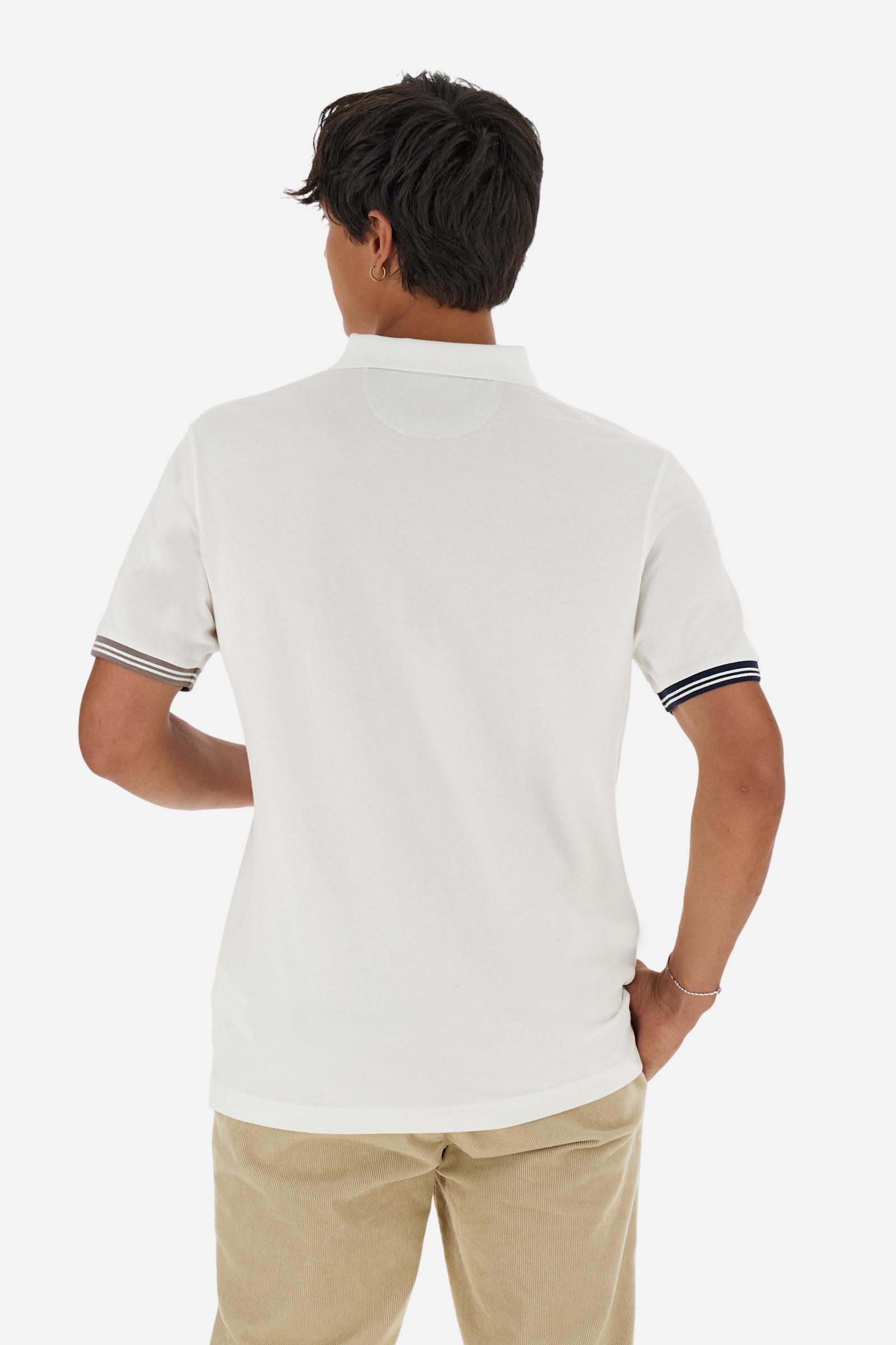 Men’s short-sleeve polo in high-quality stretch cotton piqué, ensuring excellent breathability and flexibility. Classic ribbed collar, two-button placket with customized buttons. Inner collar enriched with contrast tapes and colors for a modern touch. Multicolored ribbed cuffs with different patterns. Small contrast logo embroidered on the chest. Regular fit. Model wears size L. - Off White