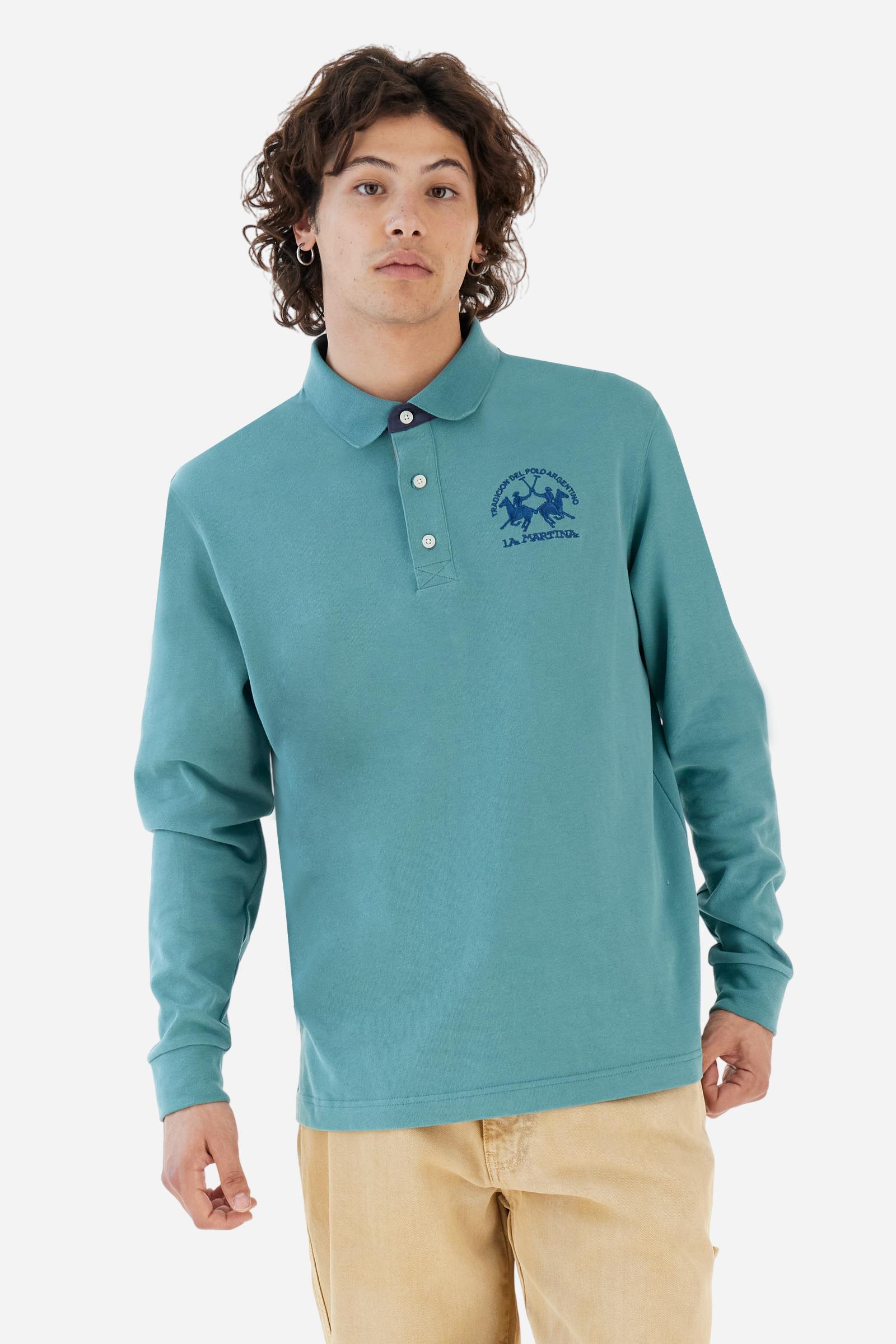 Men’s long-sleeve polo in premium soft-touch cotton jersey for a luxurious feel on the skin. Contrast gabardine details on the collar. Upper collar in tone-on-tone ribbing with printed La Martina lettering undercollar. Three customized buttons, enhanced by a multicolor striped tape on the placket. Contrast embroidered team logo on the chest. Regular fit. Model wears size L. - Sagebrush Green