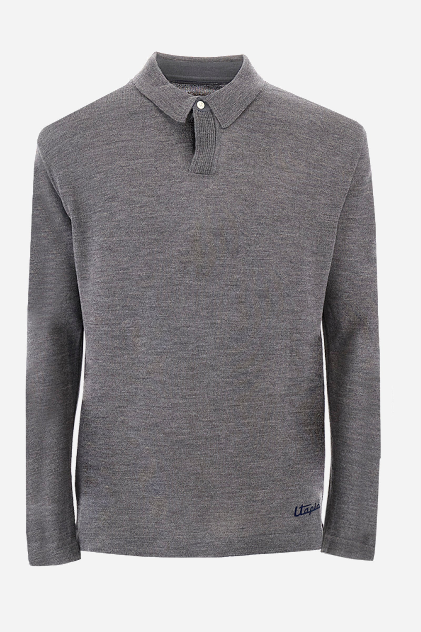 Men's plain long-sleeved knitted polo shirt, designed in collaboration with Pagani, made from 100% wool. Button fastening. La Martina lettering on the patch on the back. Regular fit. The model is wearing a size L. - Dark Heather Grey