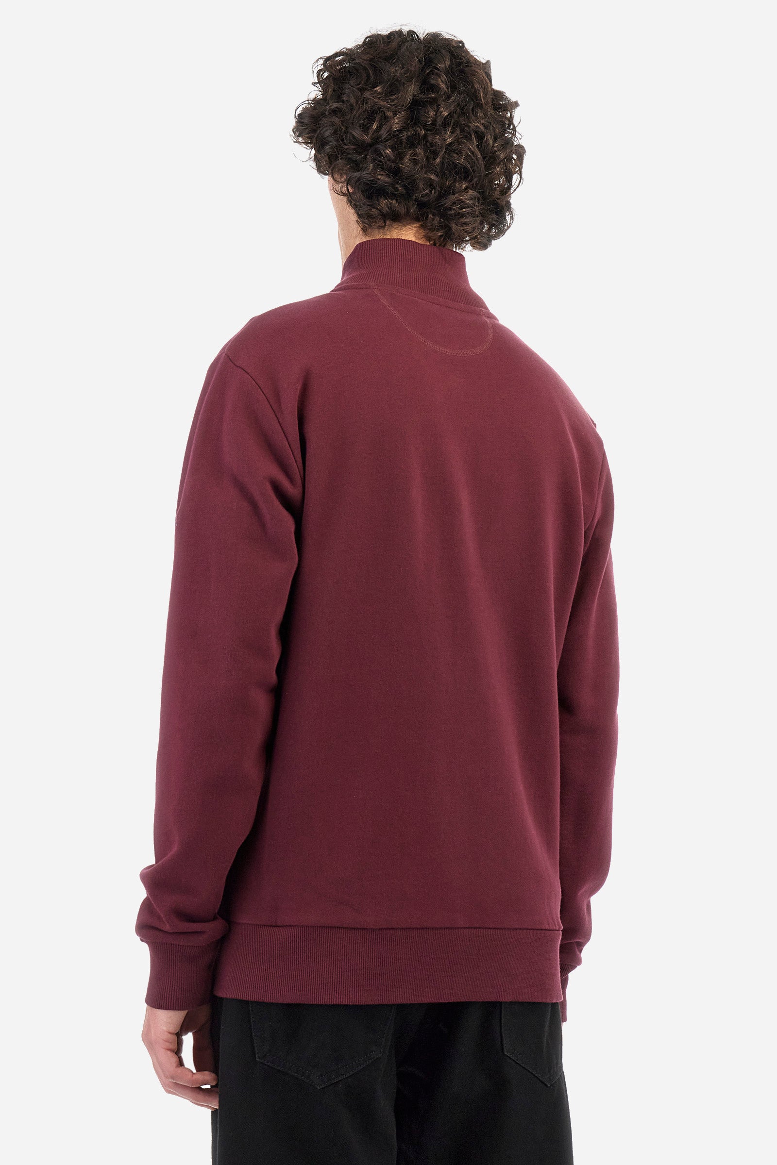 Men's plain long-sleeved sweatshirt with a contrasting full-zip fastening, made from 100% cotton. High neck. Double front pocket with a zip fastening. Ribbed hem, collar and cuffs. The logo is embroidered on one of the sleeves. Regular fit. The model is wearing a size L. - Port Royale