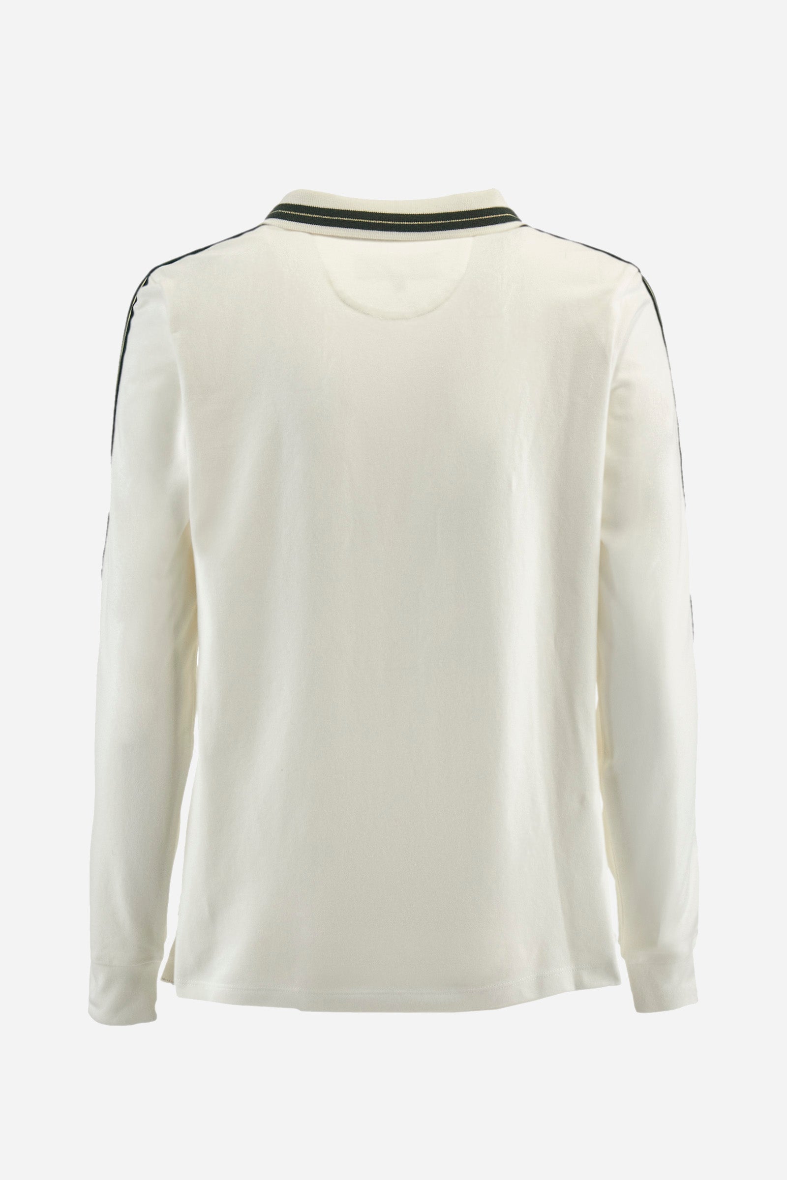 Women's long-sleeved Guards polo shirt, made from plain stretch cotton. V-neckline and two-button fastening. The collar and sleeves are finished with contrasting stripes. The logo and symbol of the capsule collection are embroidered on the front. Regular fit. The model is wearing a size 2. - Off White