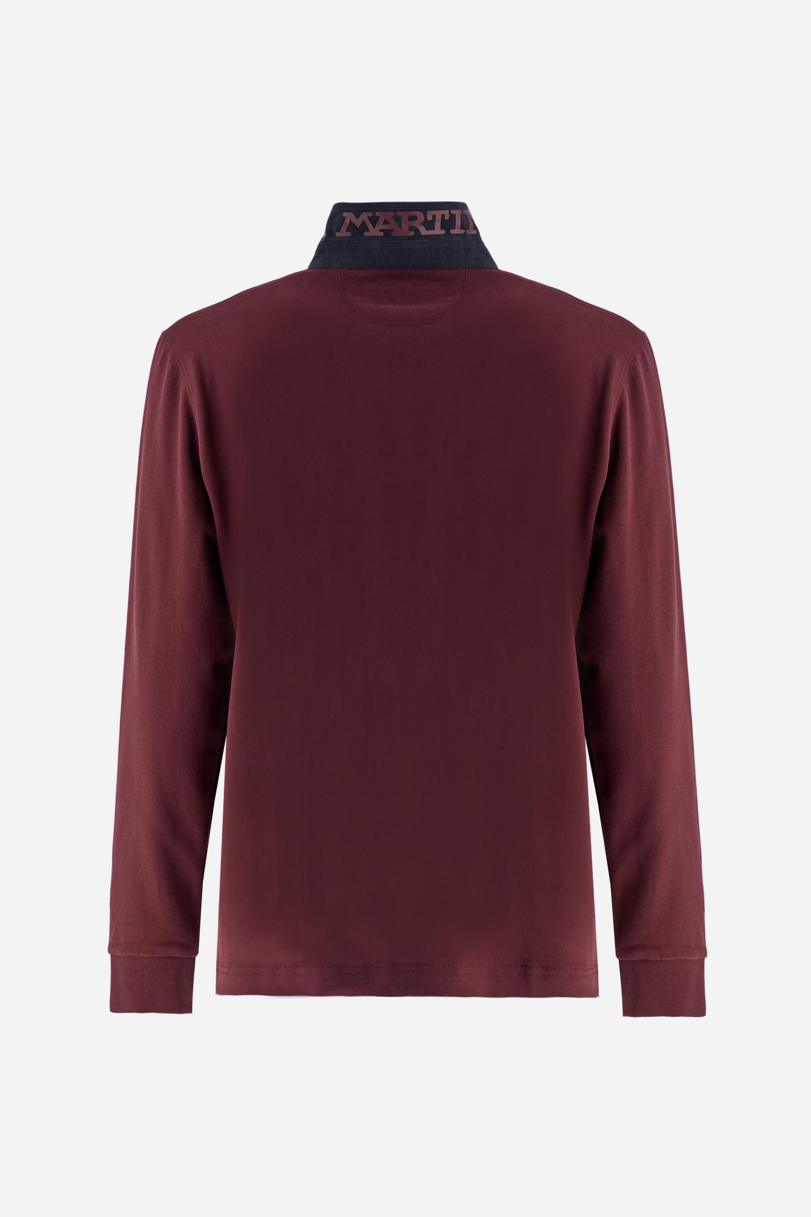 Classic men’s long-sleeve polo in soft-touch 100% cotton jersey. Contrast gabardine collar, three-button placket with multicolor striped tape. Iconic La Martina lettering printed in contrast under the collar. Small contrast logo embroidered on the chest. Regular fit for a balanced silhouette. Model wears size L. - Port Royale