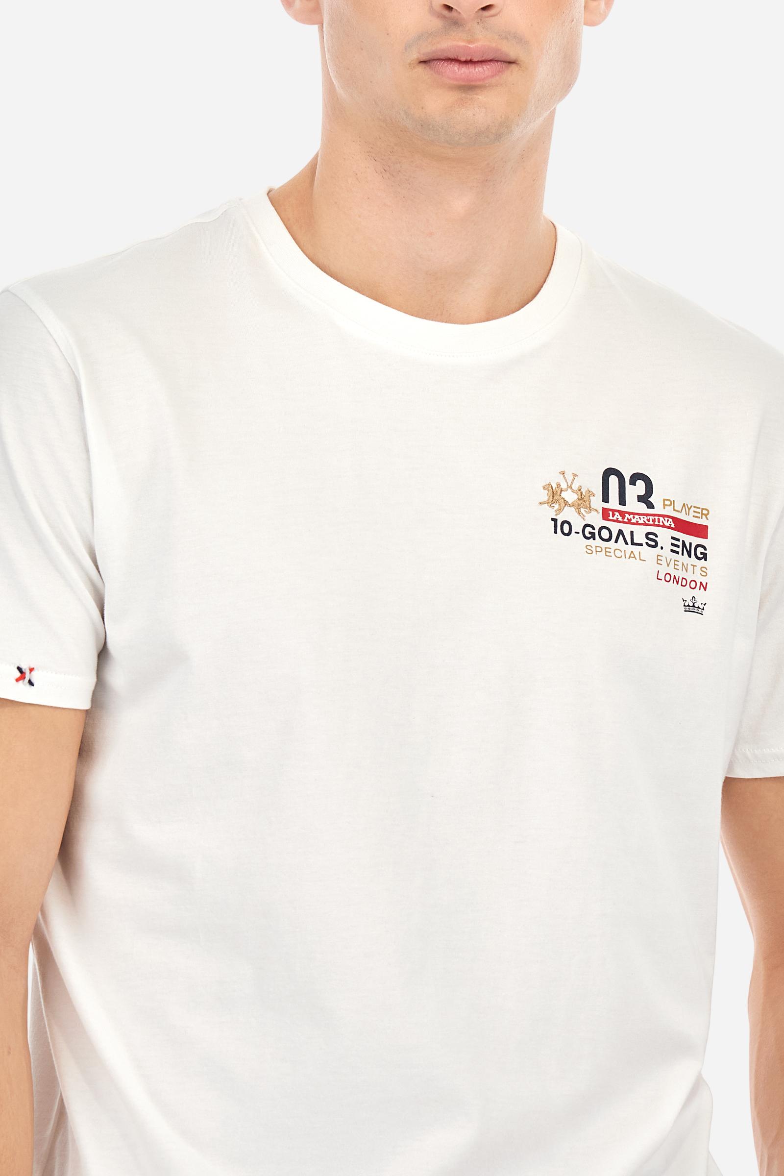 Single-colour short-sleeved men's T-shirt made of cotton jersey. Crew neck, with colour-contrasting jersey border inside. Mlticoloured lettering is printed on the chest, enriched by the embroidered brand logo. The graphics on the back are printed, while the number is a flocked transfer in a contrasting colour. On the right sleeve the small star detail is hand-embroidered with multi-coloured threads. The fit is regular. The model is wearing a size L. - Optic White