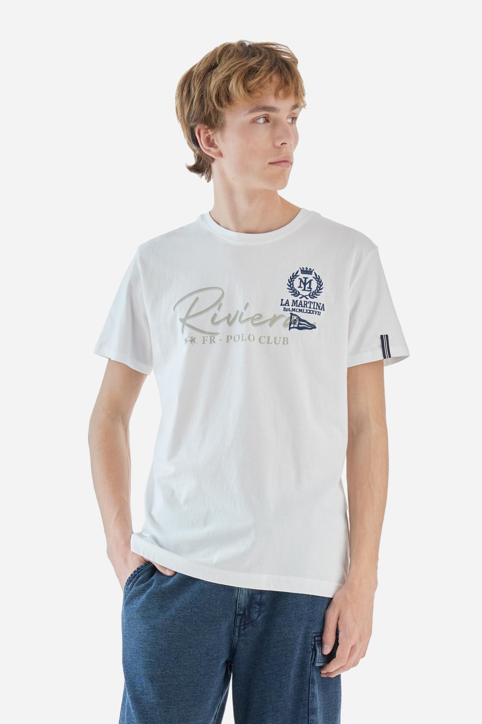 Men's solid color T-shirt, made of cotton jersey. Crew neck. The front features printed text as well as symbols and text created using embroidery techniques. The La Martina lettering is embroidered on the left chest. The fit is regular. The model is wearing size L. - Optic White