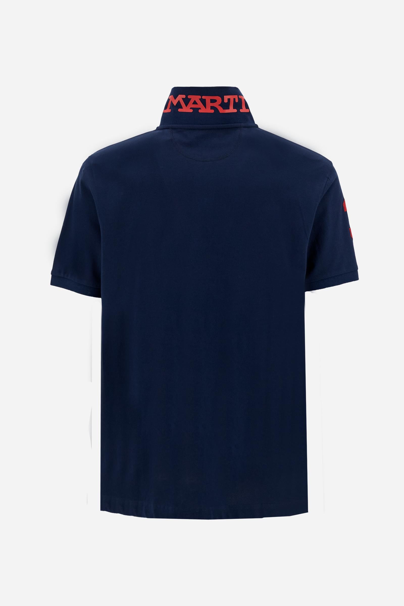 Men’s short-sleeve stretch piqué polo. Two-button placket and ribbed details, with a regular fit. Iconic style characterised by applied logo and patches. - Navy