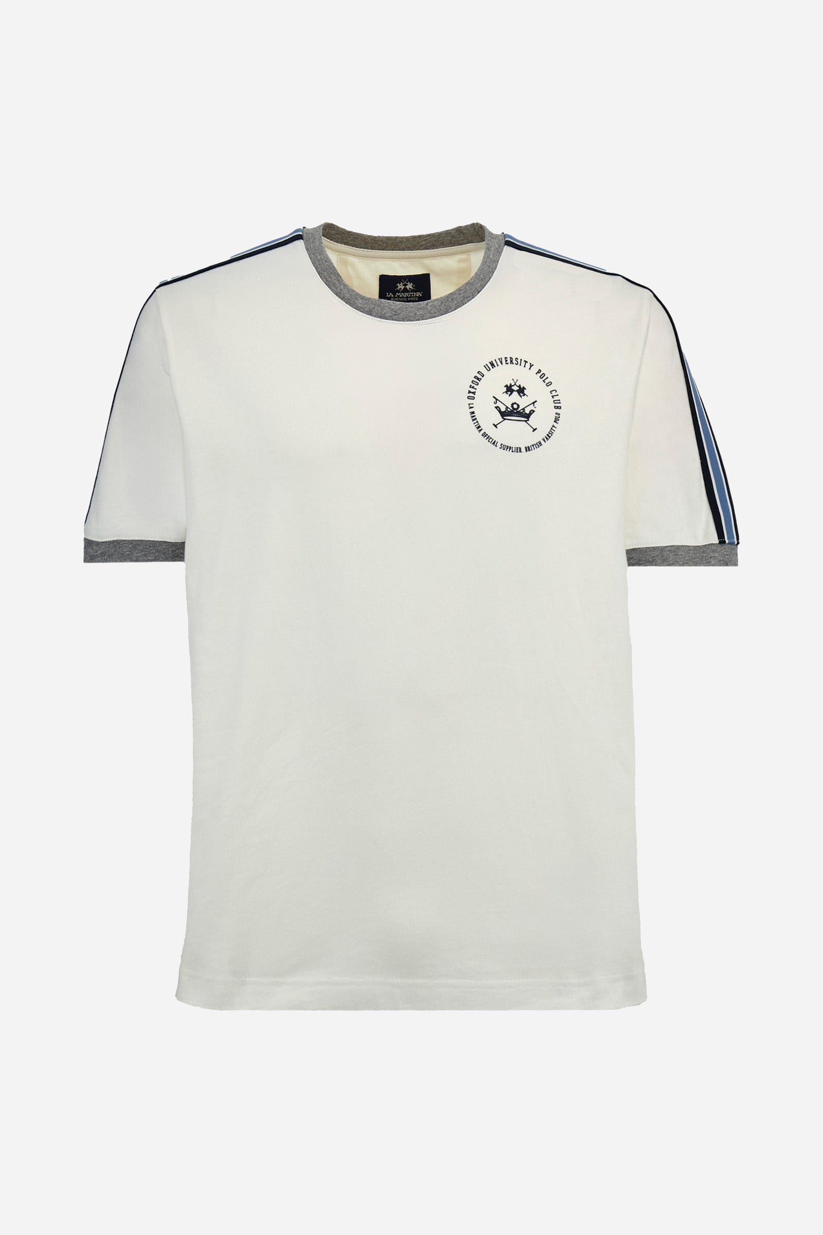 Men's plain short-sleeved T-shirt, made from 100% cotton. Contrasting crew neckline and sleeves. A symbol from the University line, containing the brand logo, is appliquéd on the front. Regular fit. The model is wearing a size L. - Off White