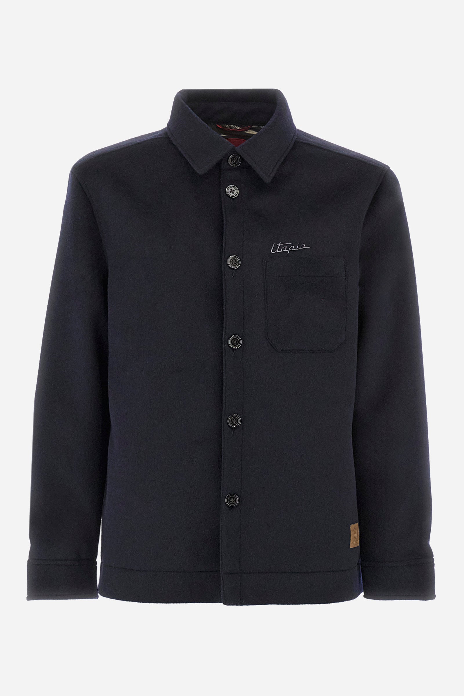 Men's single-colour Pagani jacket with suede effect and long sleeves. Made of wool and cashmere. Pointed collar and button fastening. There is an open pocket on the chest. La Martina lettering can be found on the patch on the back. Regular fit. The model is wearing a size L. - Navy