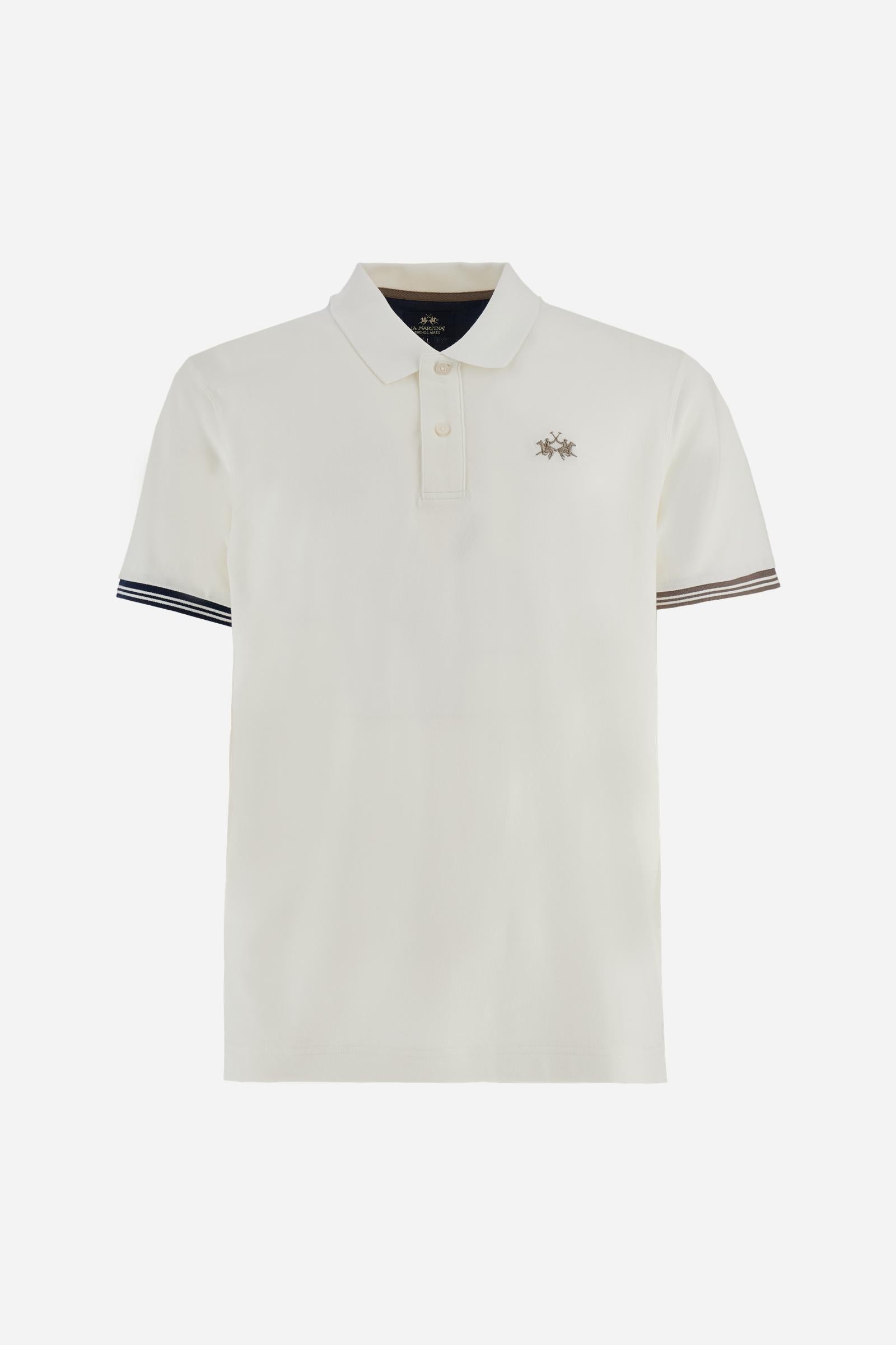 Men’s short-sleeve polo in high-quality stretch cotton piqué, ensuring excellent breathability and flexibility. Classic ribbed collar, two-button placket with customized buttons. Inner collar enriched with contrast tapes and colors for a modern touch. Multicolored ribbed cuffs with different patterns. Small contrast logo embroidered on the chest. Regular fit. Model wears size L. - Off White