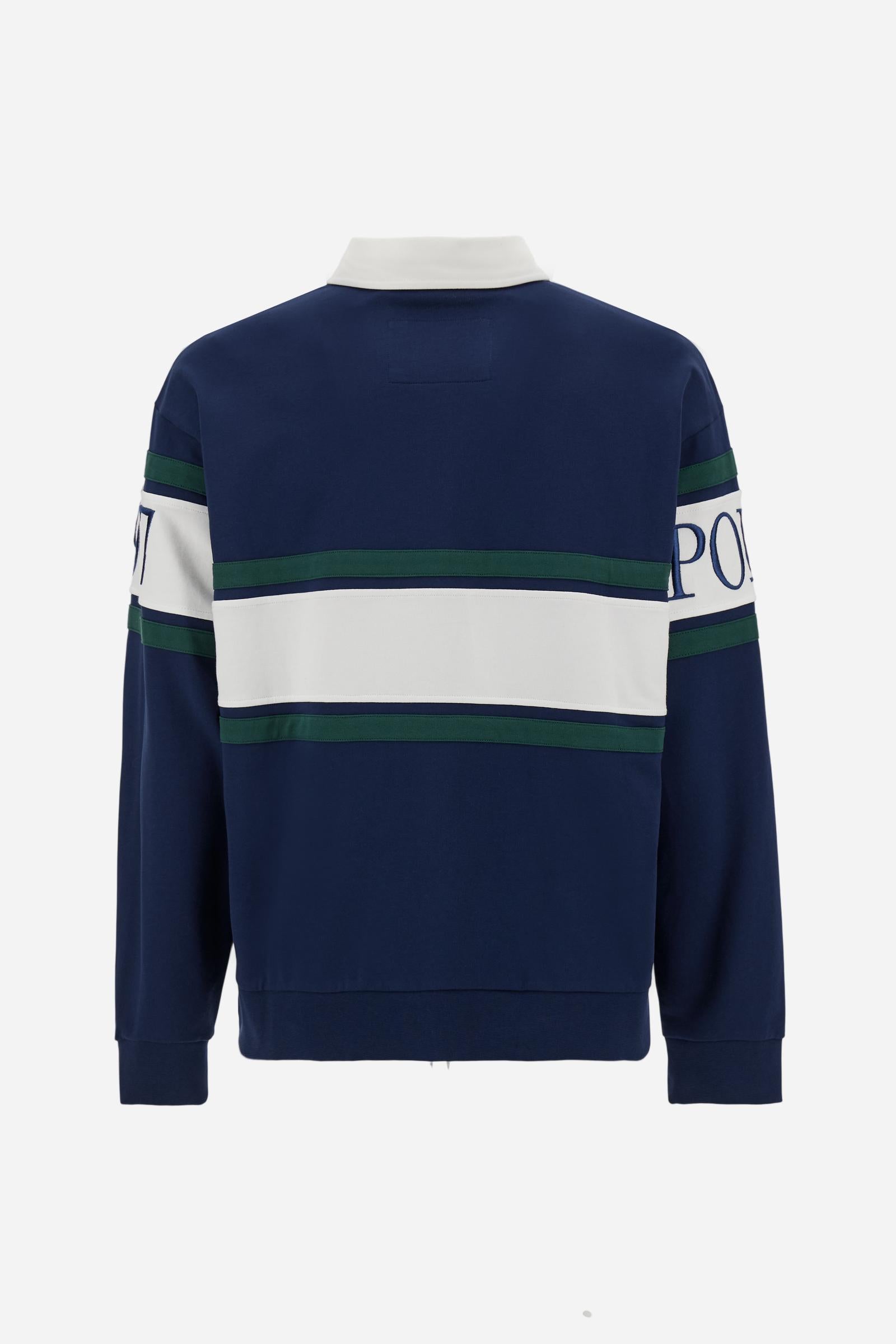 Men’s long-sleeve sweatshirt in soft cotton French Terry. Loose fit with contrast details on collar, chest and sleeves, enhanced by oversized logo and lettering. - Navy