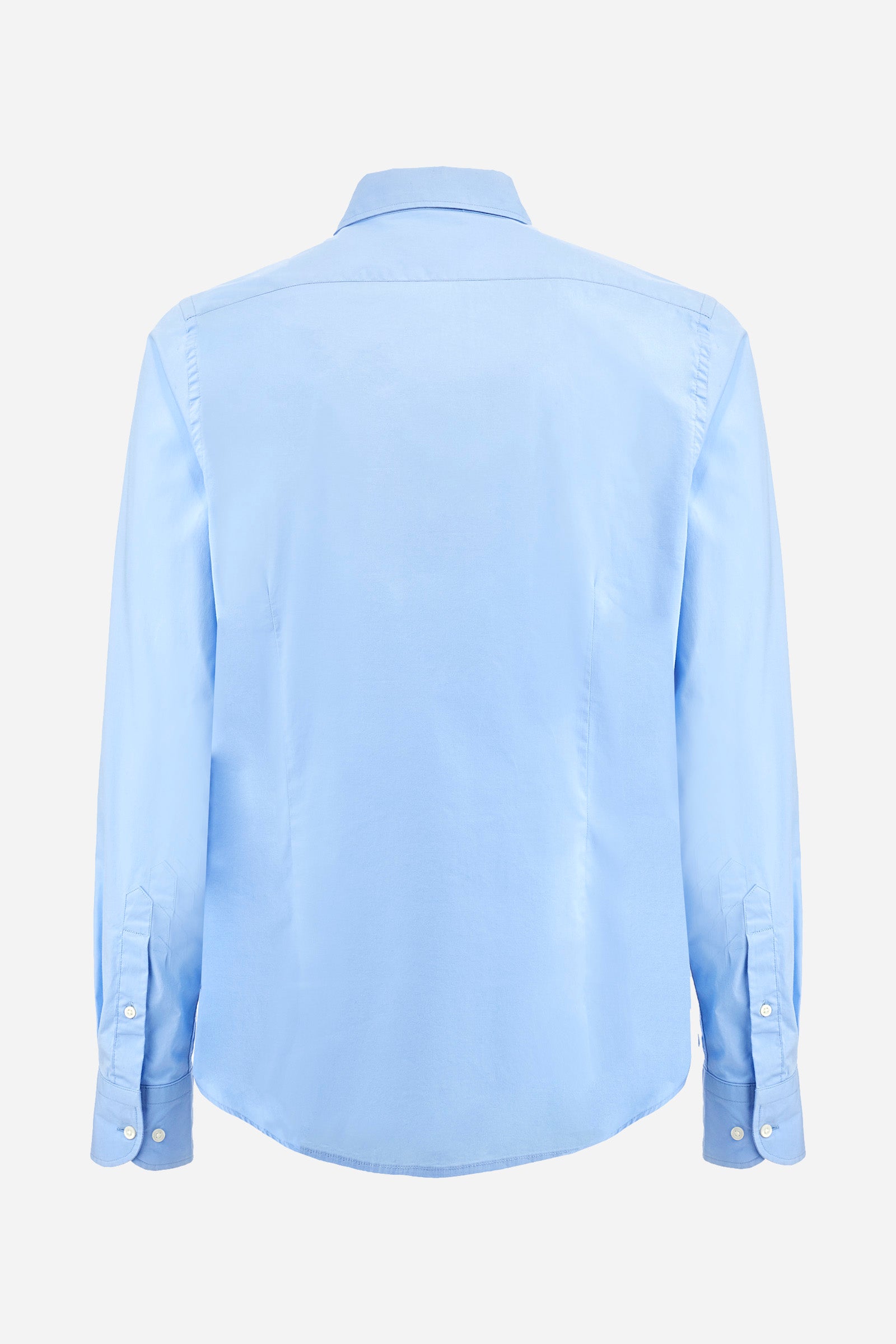 Men's single-colour shirt with long sleeves, made of stretch cotton. Button-down collar. With buttoned cuffs. Featuring a small embroidered logo on the front. Slim fit. The model is wearing a size L. - Blue Bell