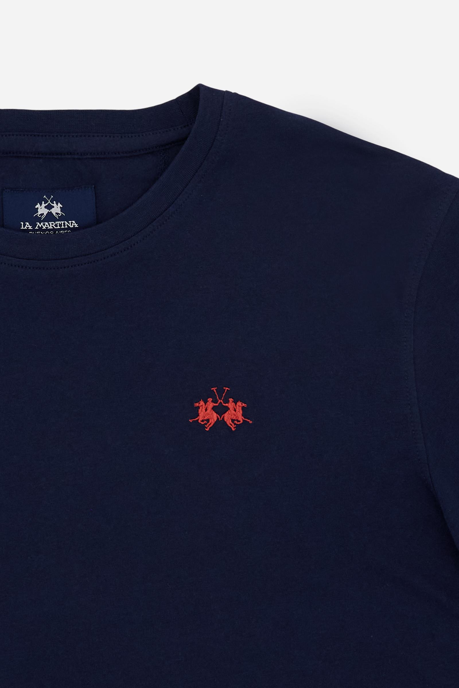 Men’s long-sleeve sweatshirt in soft cotton French Terry. Crew-neck, ribbed cuffs, regular fit, and V-detail under neckline. Timeless essential with logo. - Navy