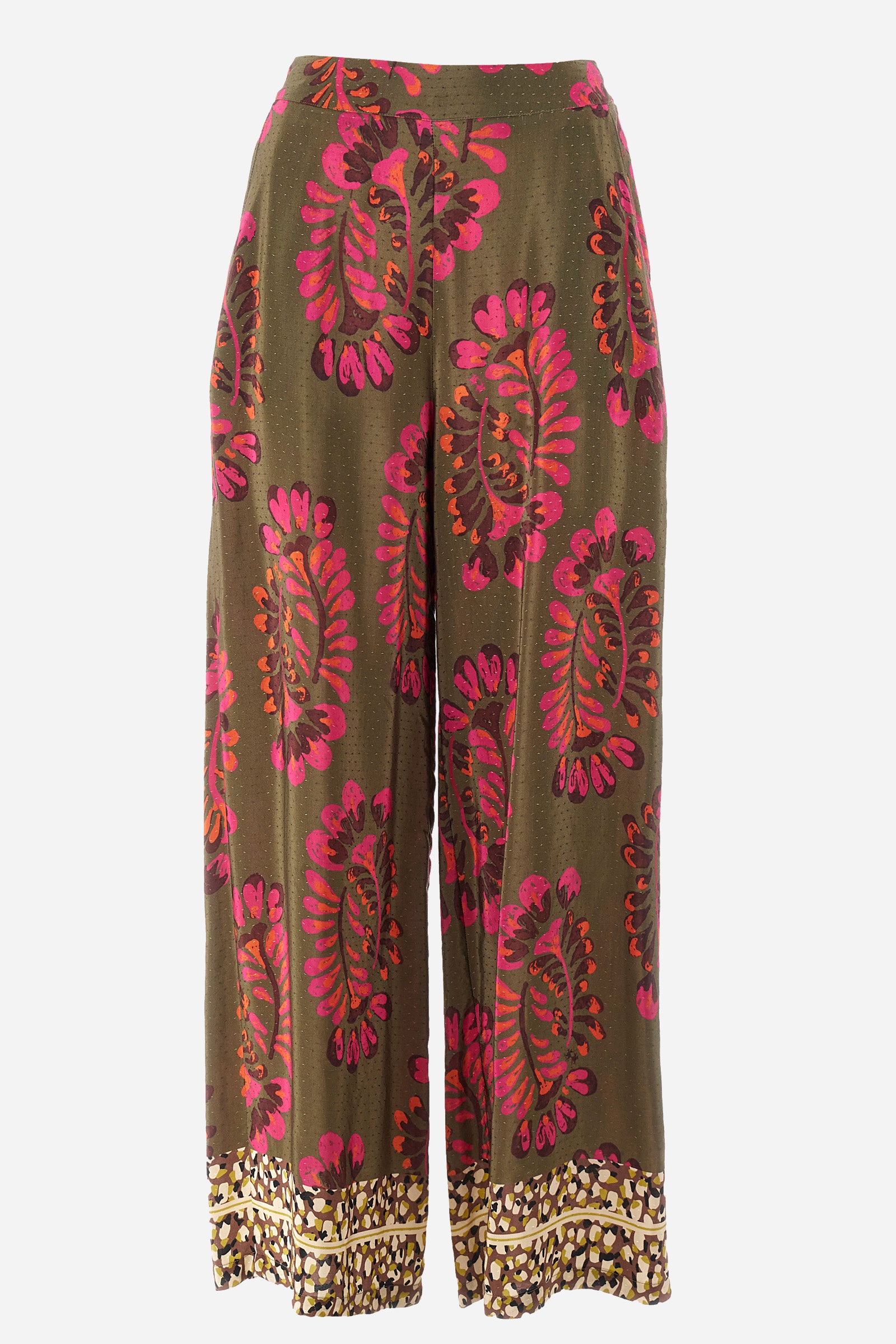 Palazzo trousers for women made of satin viscose fabric. The rich floral stamps and brilliant details on the bottom, in contrasting tones, recall the Argentina capsule collection. Elasticated waistband. Two front welt pockets. Metal label with La Martina logo sewn on the front. The fit is regular. The model wears a size 2. - Military/Hotpink/Fre
