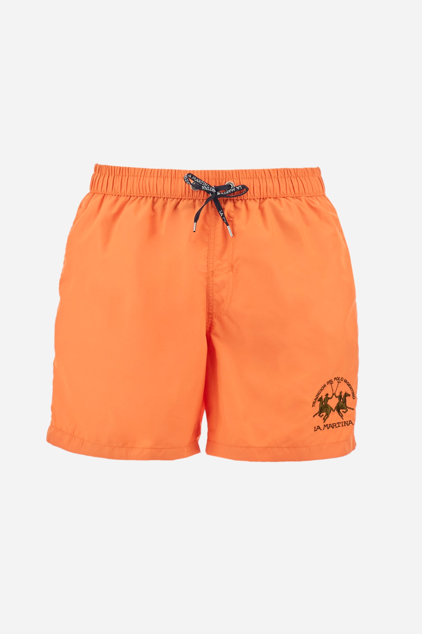 Single-colour men's swimming shorts, made of synthetic fabric. Featuring a drawstring and tie with "La Martina" lettering. Double welt pocket on the front. Closed pocket on the back. Mesh lining. Large logo embroidered on the front. The fit is regular. The model wears a size L. - Celosia Orange