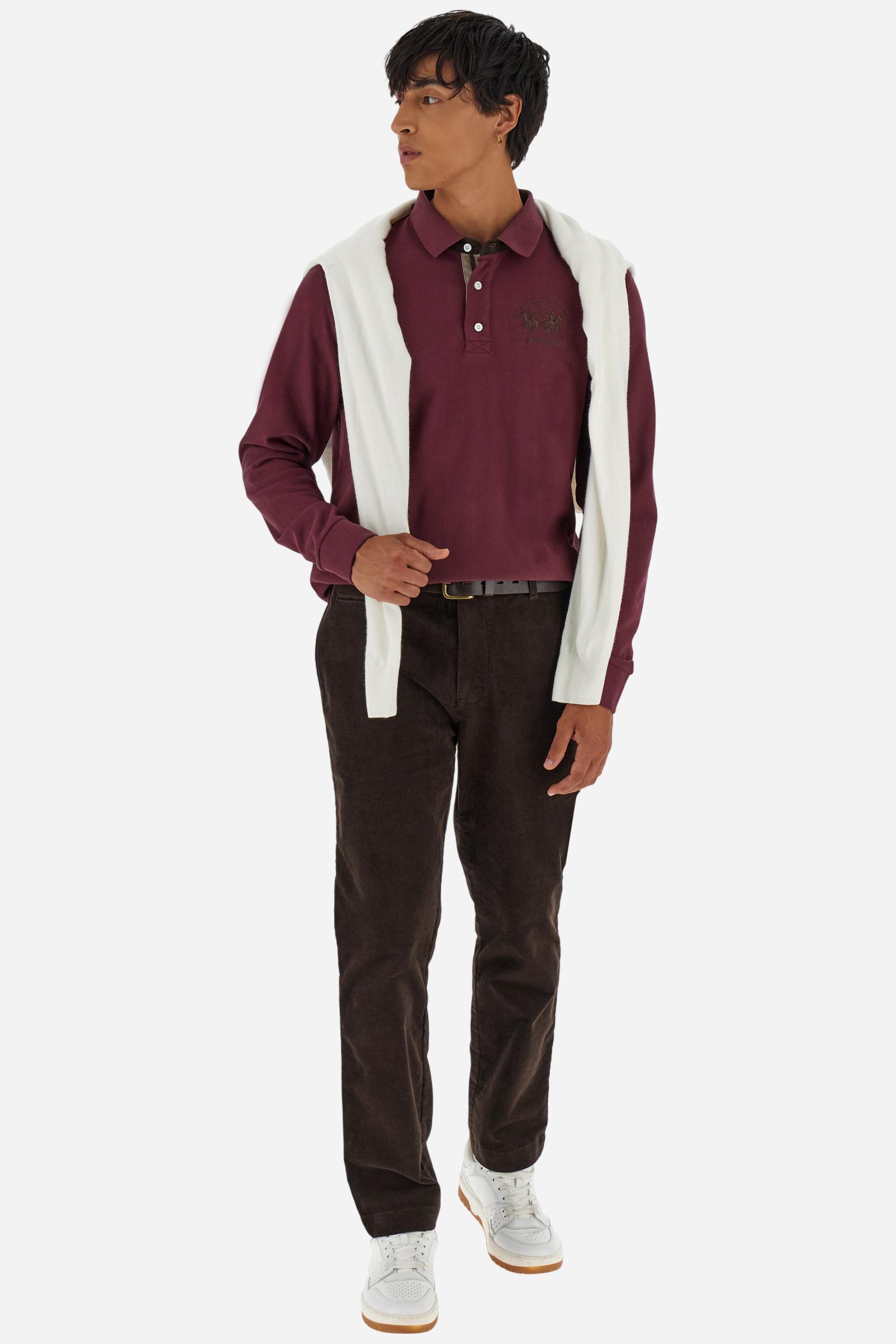 Men’s long-sleeve polo in premium soft-touch cotton jersey for a luxurious feel on the skin. Contrast gabardine details on the collar. Upper collar in tone-on-tone ribbing with printed La Martina lettering undercollar. Three customized buttons, enhanced by a multicolor striped tape on the placket. Contrast embroidered team logo on the chest. Regular fit. Model wears size L. - Port Royale