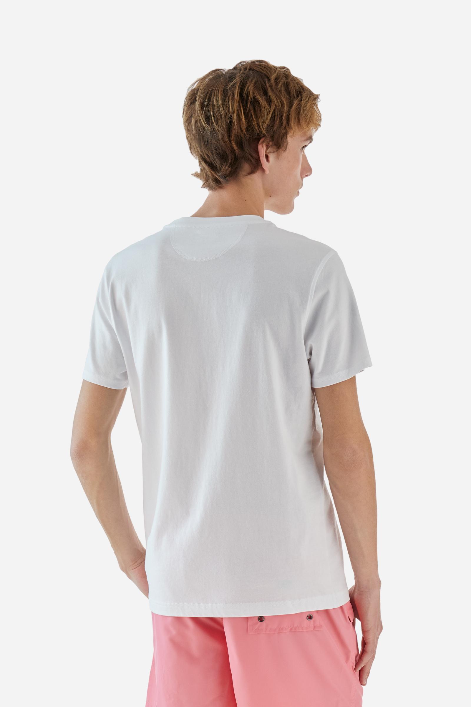 Men's single-colour crew-neck T-shirt with short sleeves, made of 100% cotton. The front features a printed logo and the lettering La Martina Polo. The number 3 is printed on one of the sleeves. Regular fit. The model is wearing a size L. - Opt.White/Honeysuckl