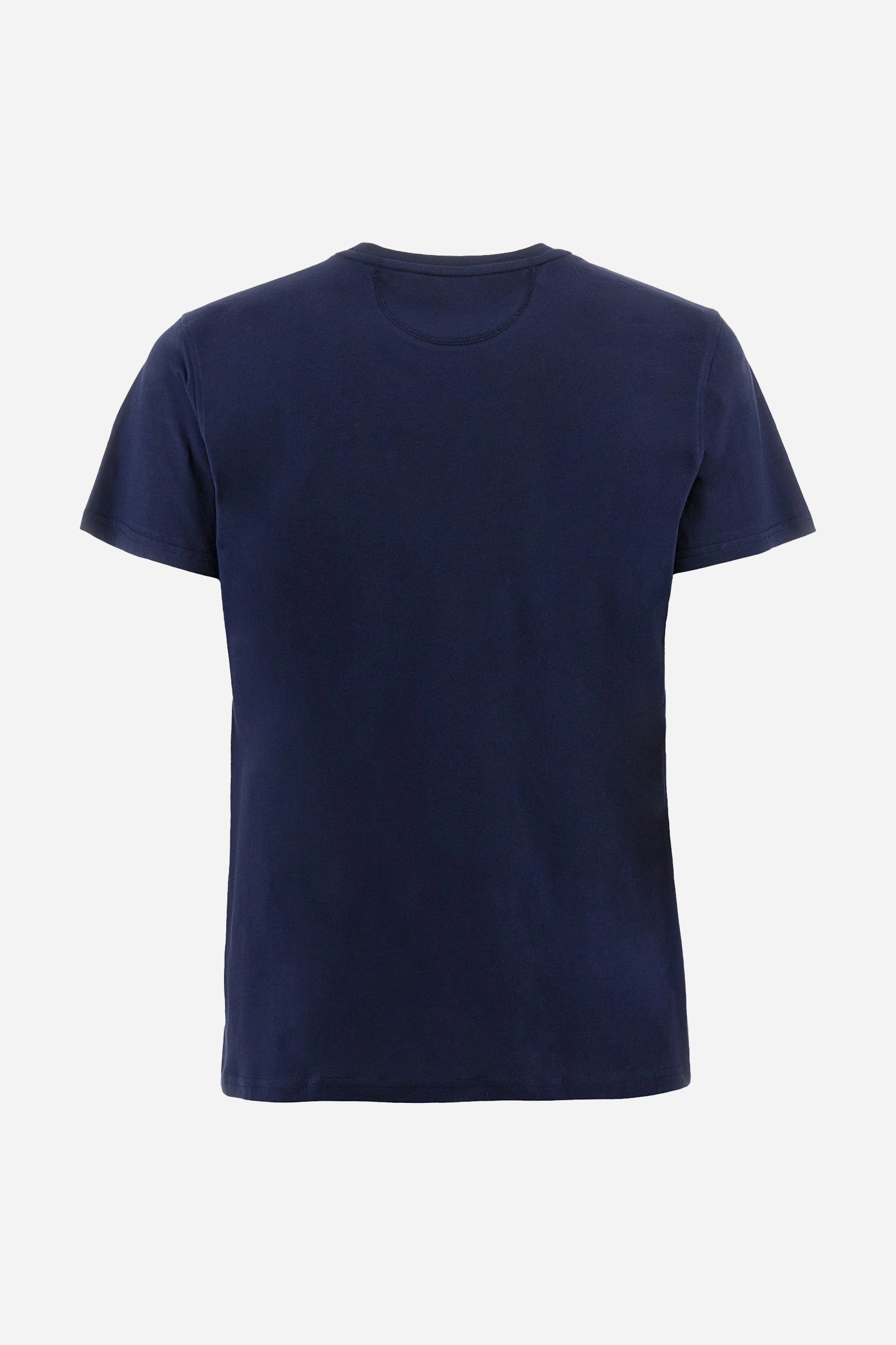 Men's short-sleeved crew-neck T-shirt in solid color with embroidered logo. Made of 100% cotton, perfect for a casual and trendy look with shorts or trousers. - Navy