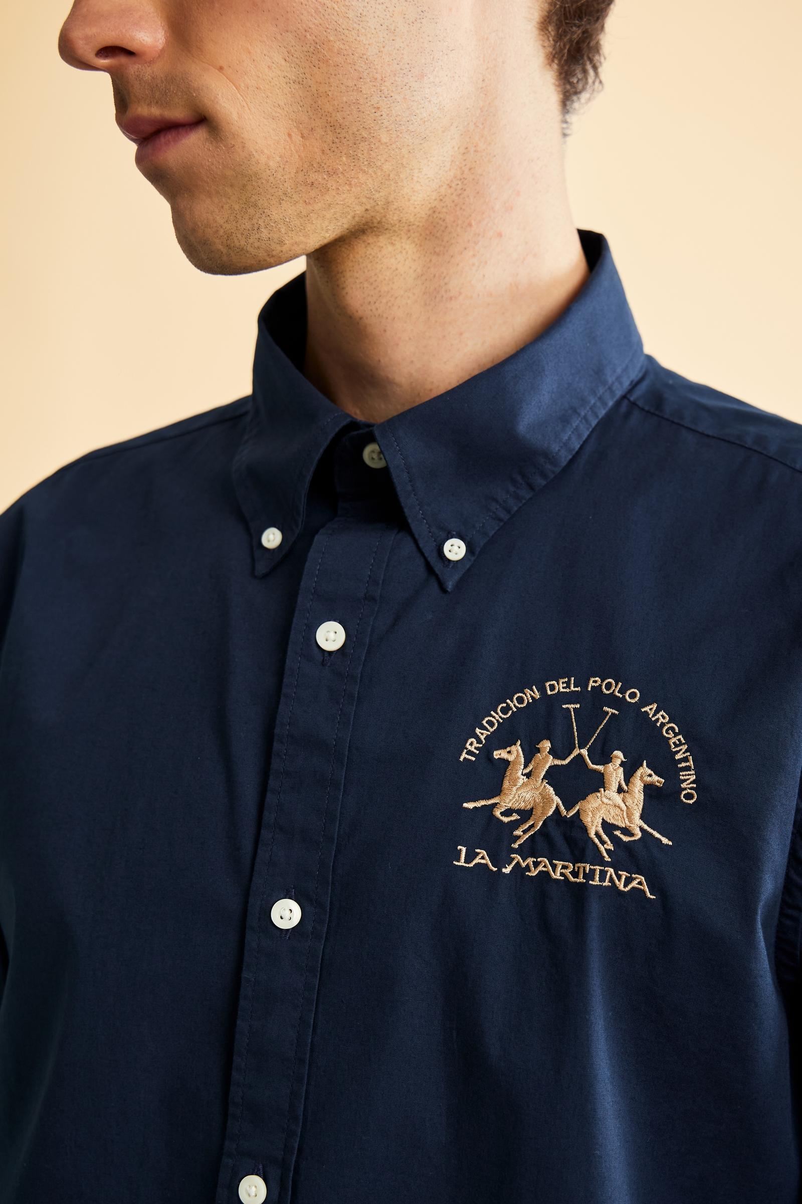 Men's long-sleeved shirt in cotton poplin with a regular-fit and button-down collar - Navy