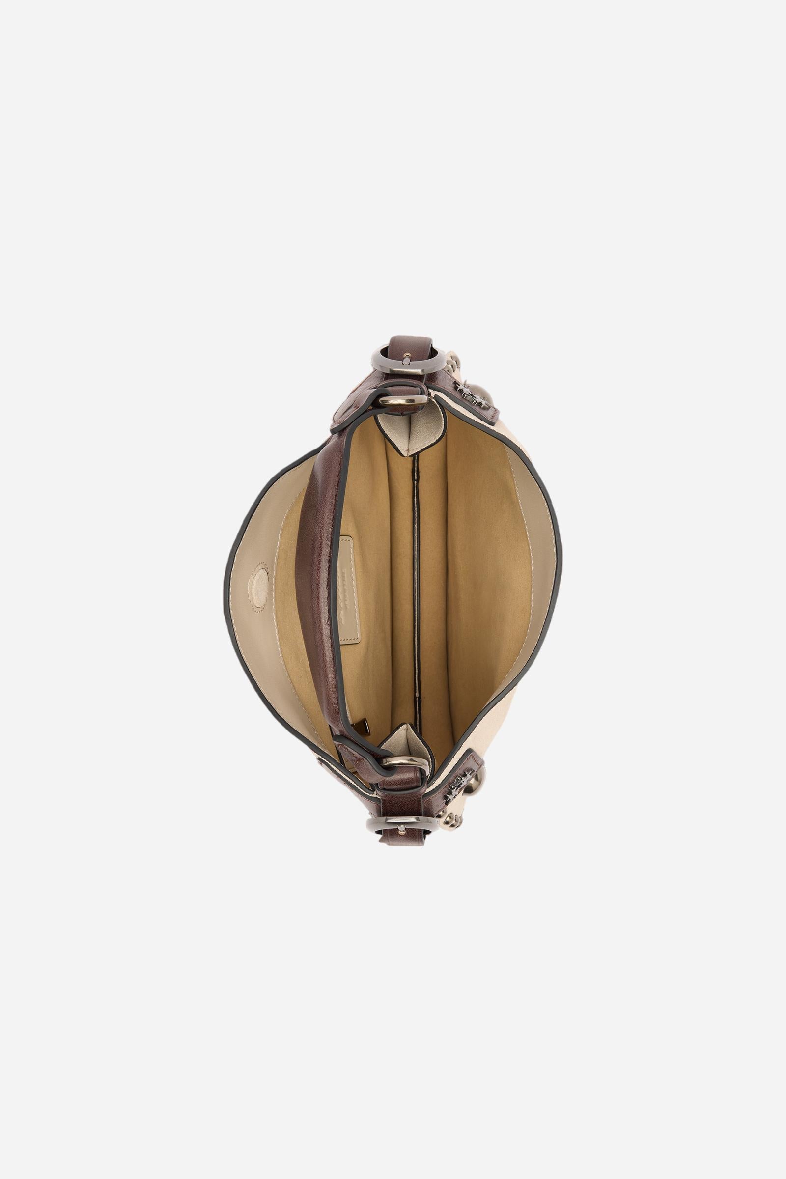 Small hobo bag in solid-colour suede. The contrasting leather side inserts are embellished with the brand’s signature metal logo. On the front, a pattern of gold studs in varying sizes creates a refined play of light and volume. Dimensions:25 x 25 x 7 - SILK/DARK CHOCOLATE