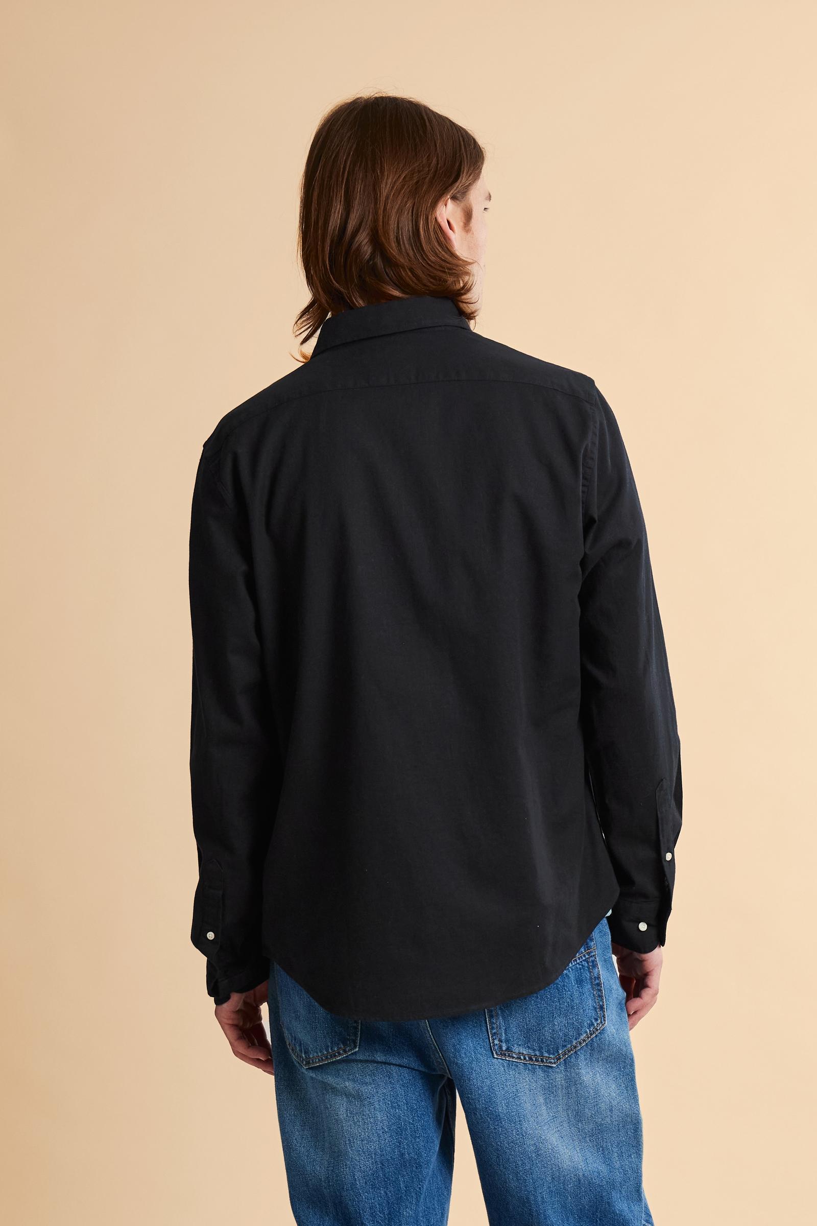 Men’s cotton and linen shirt with regular fit and French collar. Tone-on-tone embroidered logo and visible button placket. - Black