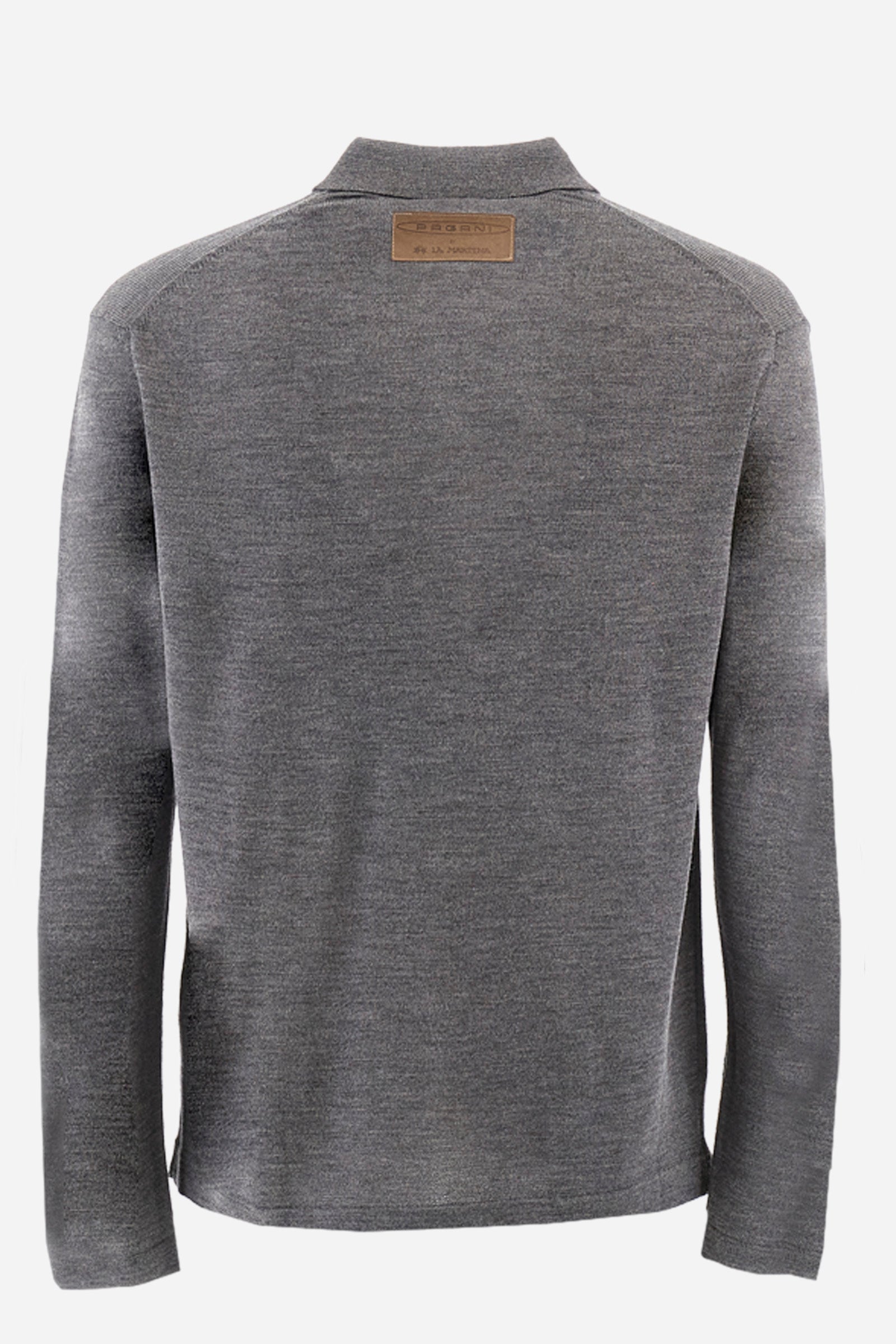Men's plain long-sleeved knitted polo shirt, designed in collaboration with Pagani, made from 100% wool. Button fastening. La Martina lettering on the patch on the back. Regular fit. The model is wearing a size L. - Dark Heather Grey