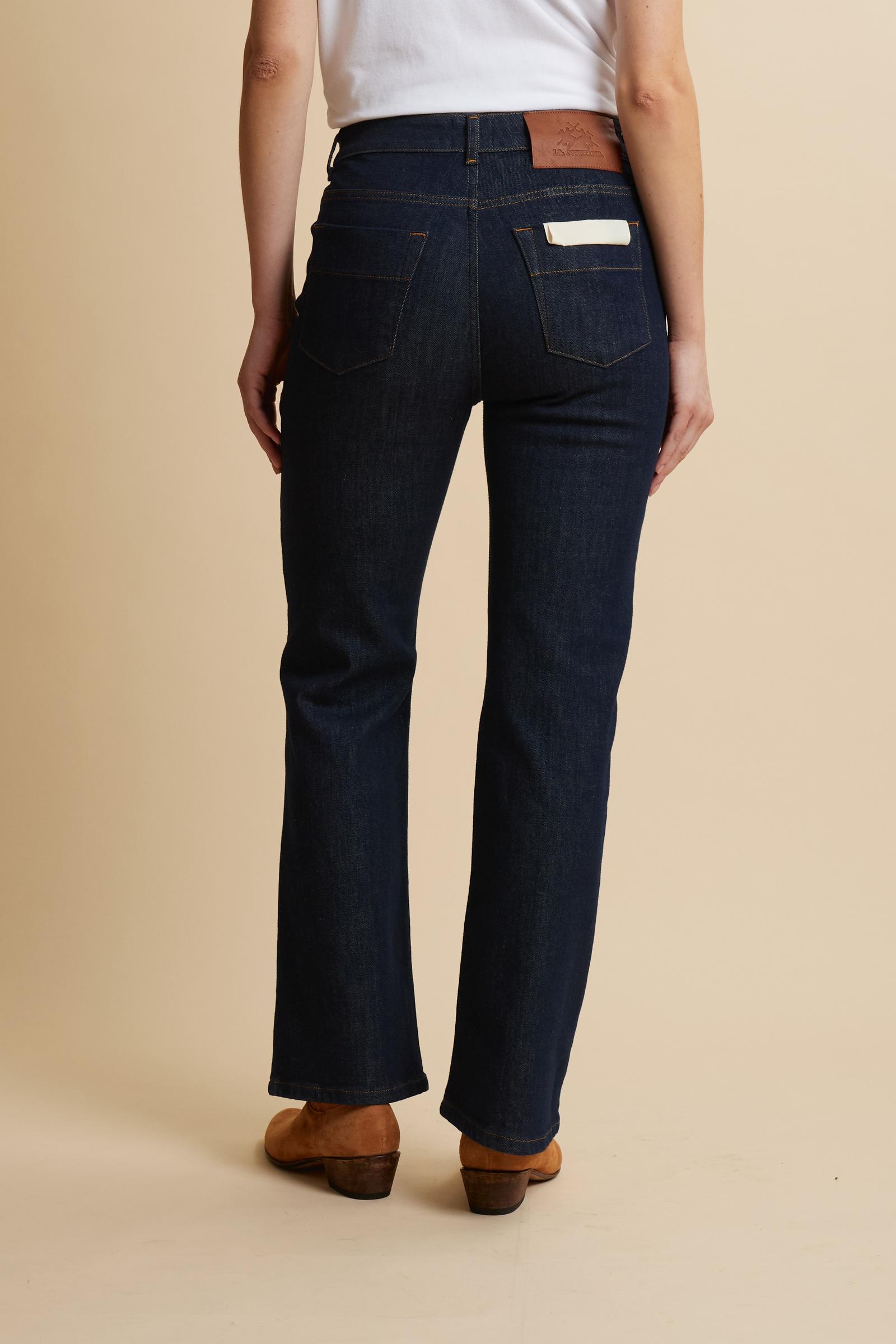 Women’s five-pocket denim trousers. Regular-fit style with straight leg, medium blue wash with stone-wash treatment and personalised leather patch. - EXTRA DARK DENIM