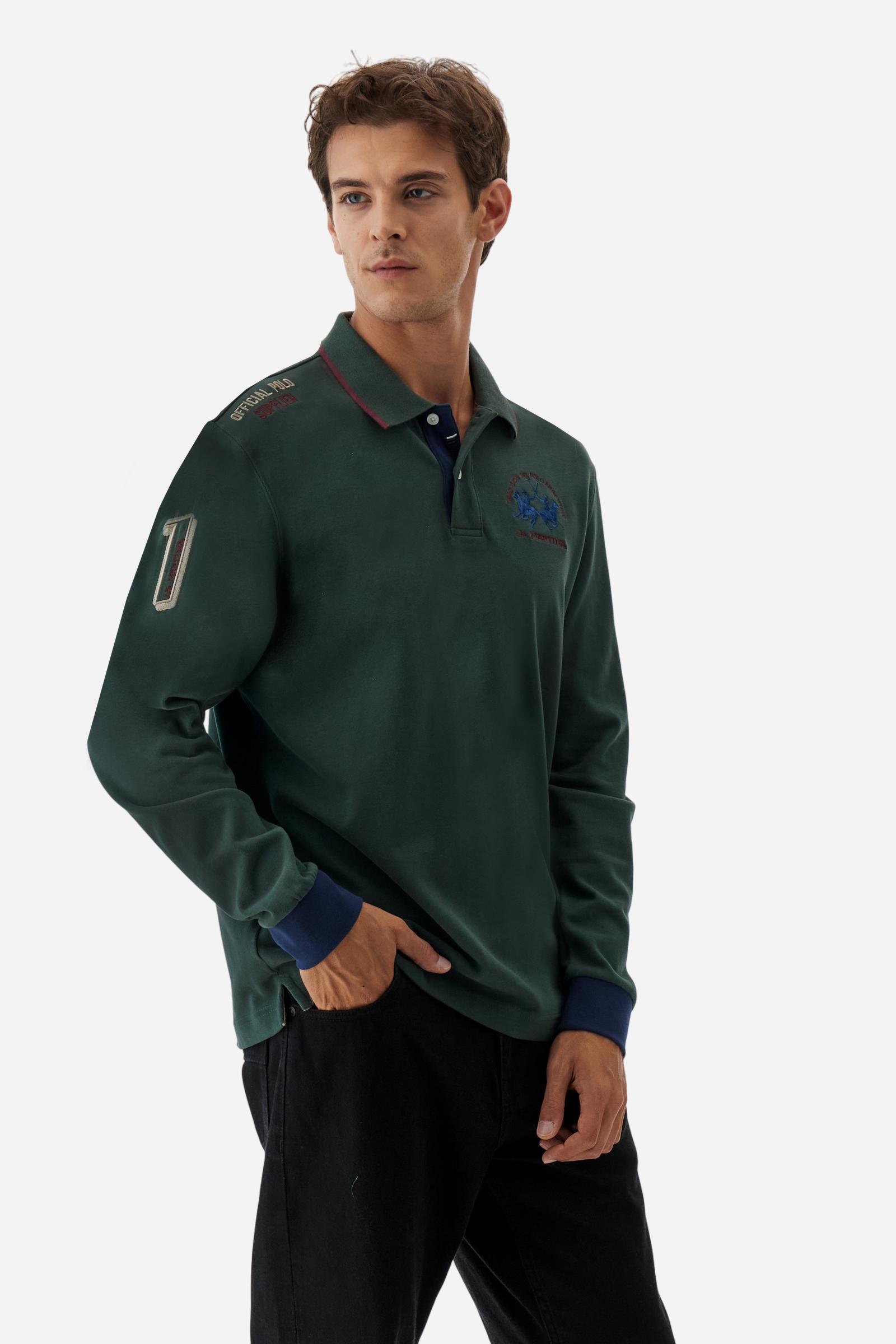 Men’s long-sleeve polo shirt in solid-colour cotton jersey with a warm, matte handfeel. Ribbed collar and cuffs with stripes and colour blocks in contrast, two personalised buttons and contrast details inside the collar. Patches and graphics on sleeves and chest celebrate the Official Polo Supplier team. The large multicolour logo is embroidered on the chest. Regular fit. The model wears size L. - Sycamore