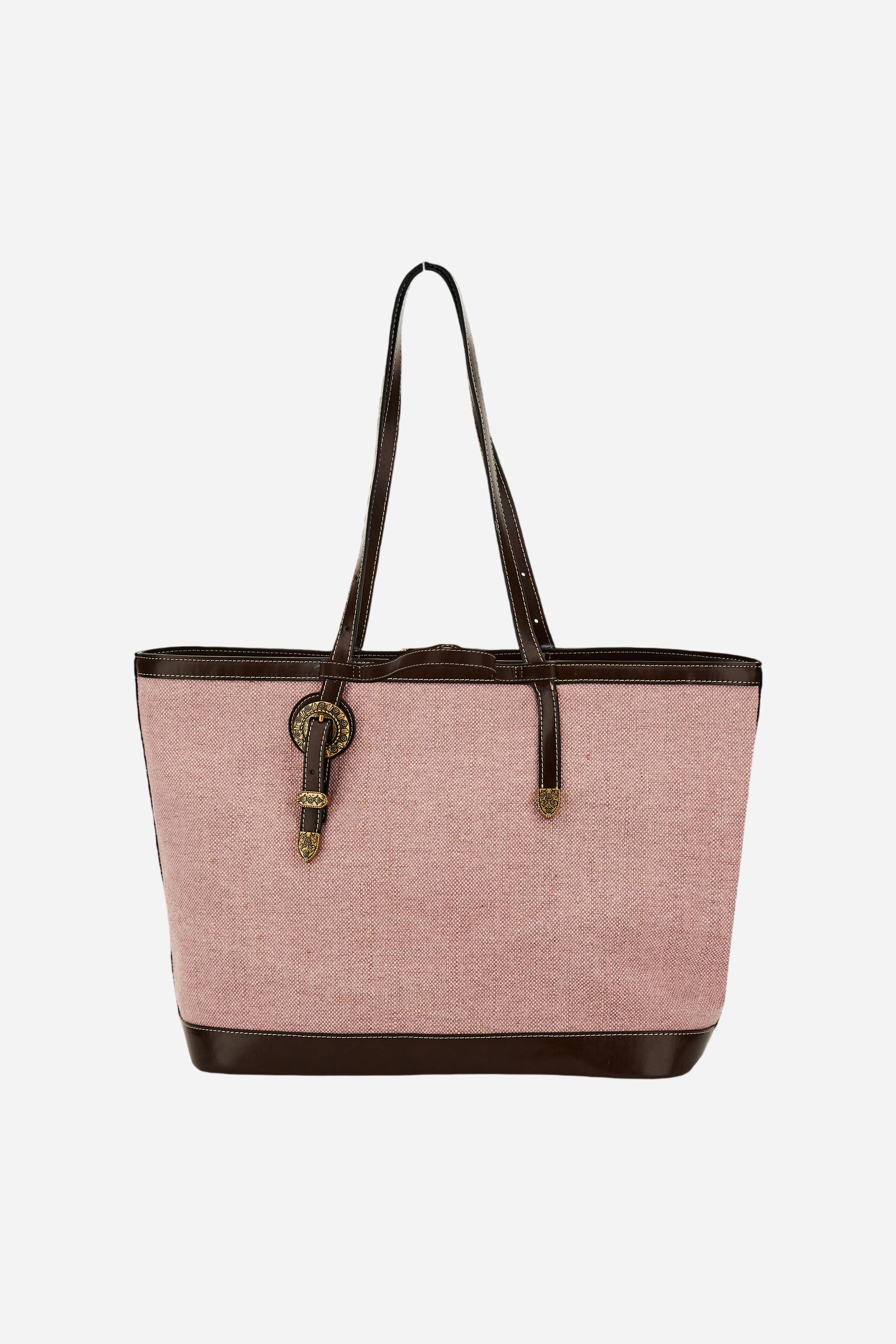 Shopping bag in linen-effect canvas with synthetic leather details and gold floral studs, roomy and elegant. - Rose/Brown