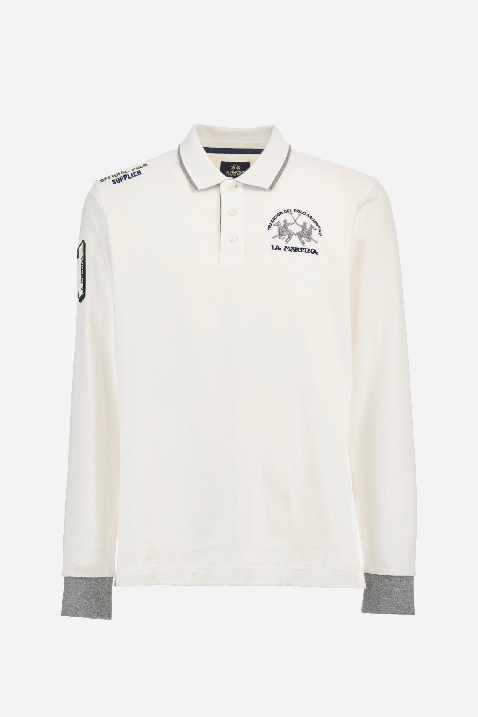 Men's single-colour long-sleeved polo shirt, made from 100% cotton. Three-button fastening. Profiled collar, with the brand's initials underneath. Colour-contrasting cuffs. The garment features all-over lettering and symbols. The logo is embroidered on the front. Regular fit. The model is wearing a size L. - Off White