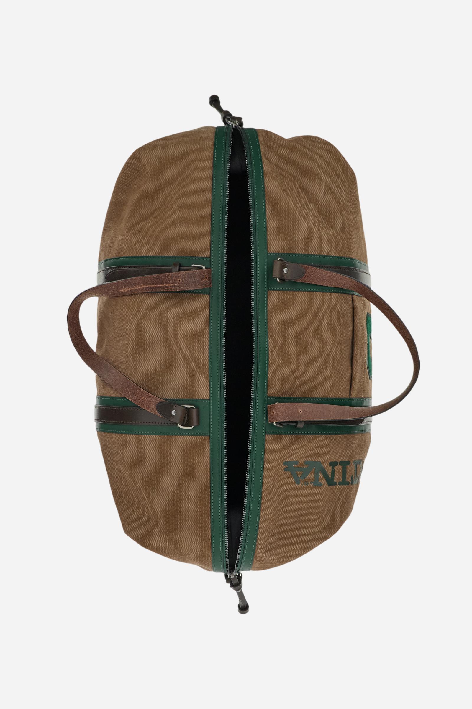 Travel duffle bag in washed cotton and leather. Spacious and sporty, with double zip, leather details and contrasting prints. - COCOA/PINE NEEDLE