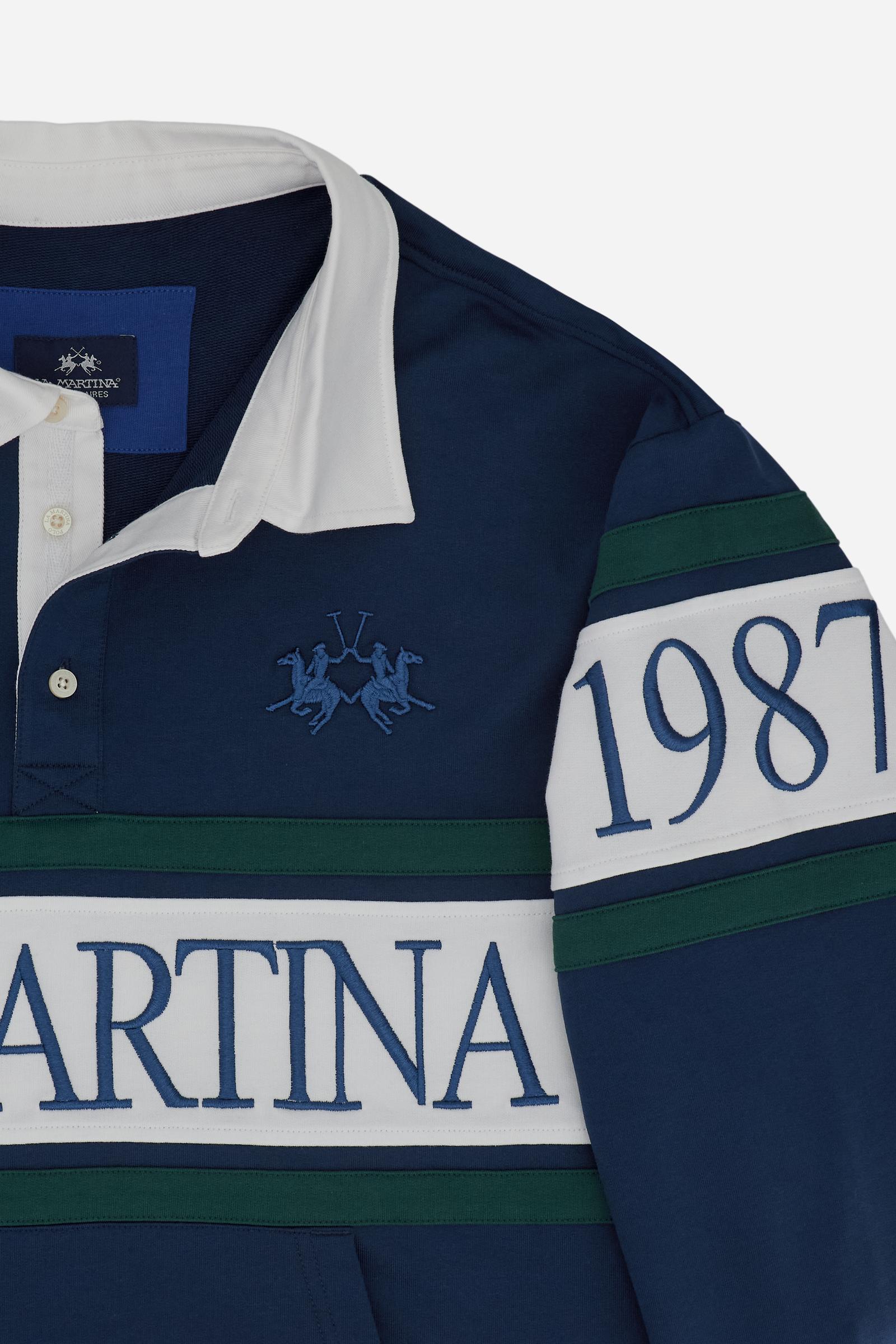 Men’s long-sleeve sweatshirt in soft cotton French Terry. Loose fit with contrast details on collar, chest and sleeves, enhanced by oversized logo and lettering. - Navy