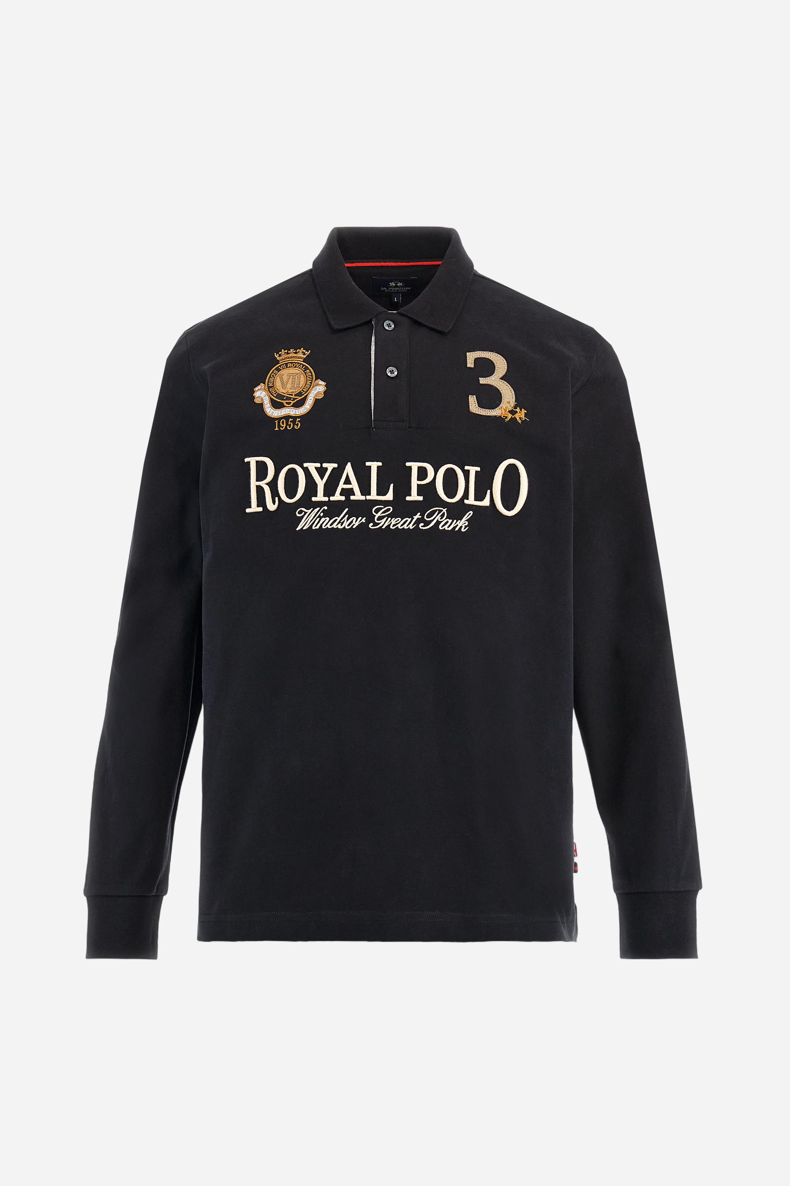 Men's long-sleeved solid colour, cotton jersey polo shirt. Two-button opening with contrasting details. Solid colour ribbed collar and cuffs. The chest features embroidered crests and lettering inspired by British royal heritage. The number 3 features on a patch with a fringed edge. The small brand logo is embroidered next to the number in contrasting colour. Regular fit. The model is wearing a size L. - Black