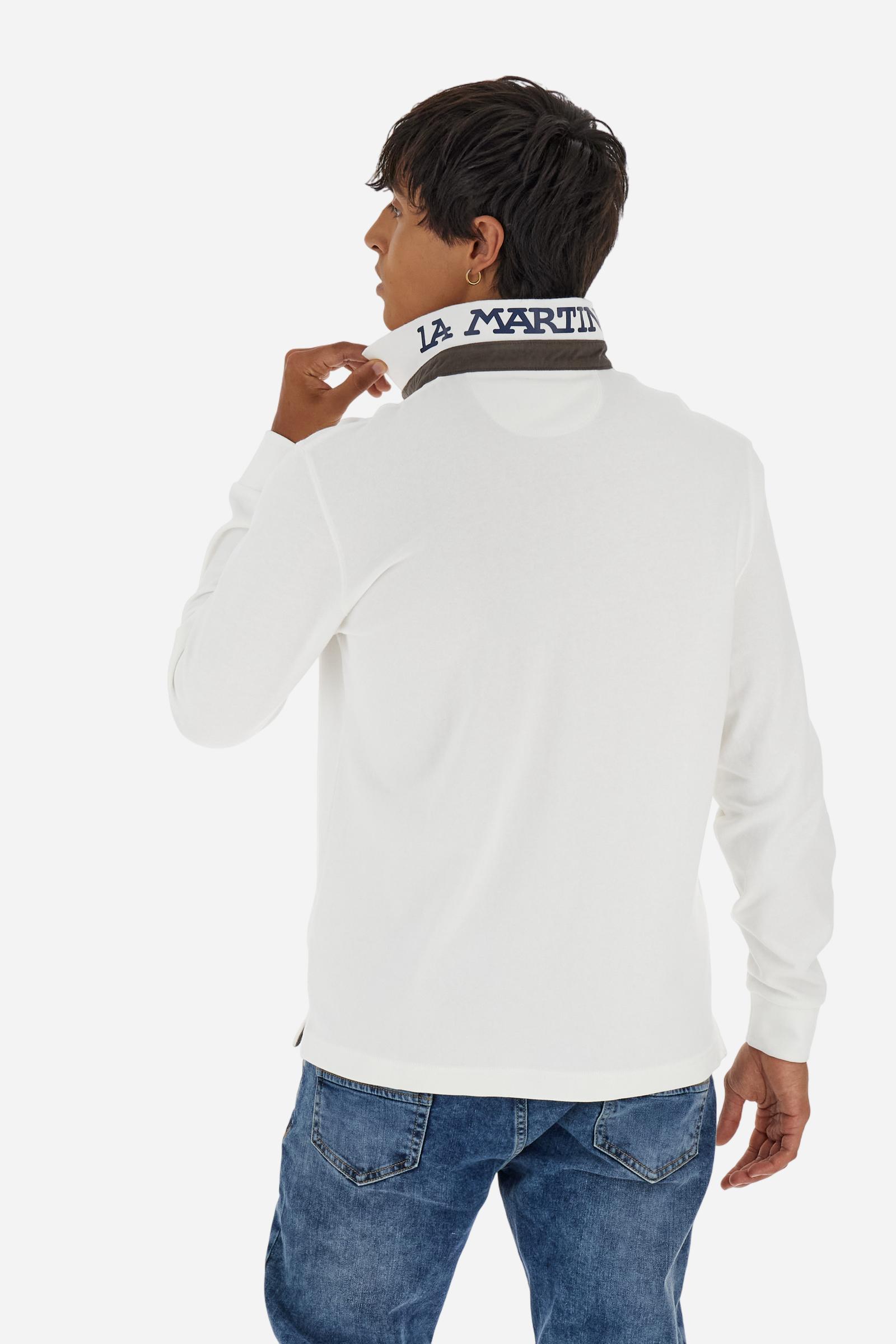 Men’s long-sleeve polo in premium soft-touch cotton jersey for a luxurious feel on the skin. Contrast gabardine details on the collar. Upper collar in tone-on-tone ribbing with printed La Martina lettering undercollar. Three customized buttons, enhanced by a multicolor striped tape on the placket. Contrast embroidered team logo on the chest. Regular fit. Model wears size L. - Off White