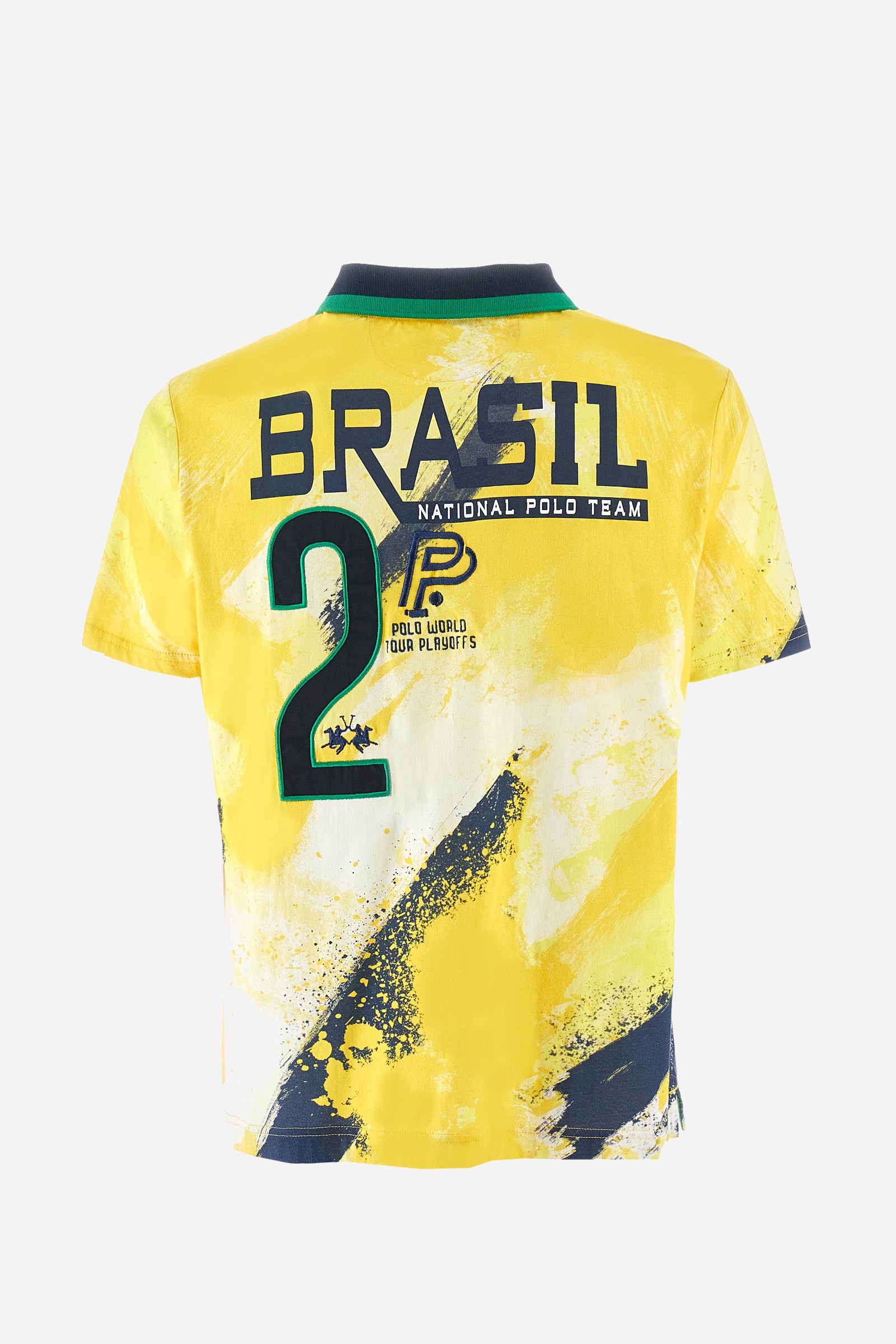 Men's multi-coloured short-sleeved polo shirt in 100% cotton. Crew-neck polo shirt with pointed collar featuring the representative colours of Brazil. On the chest there is a patch with the number 2 and a patch with a characteristic symbol of the nation. On the back we find the word "Brazil", the number two and other symbols. The logo is embroidered on both the front and back. The fit is regular. The model wears a size L. - SulphurSpring/OptWhi
