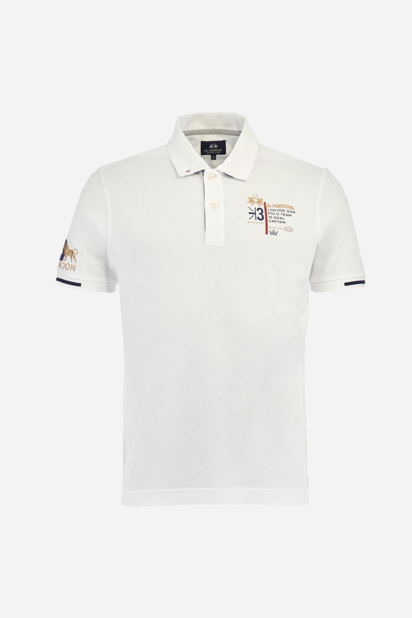 Short-sleeved, single-colour men's polo shirt made of stretch cotton piqué. Fastens with two buttons and internal opening, button side, in contrasting fabric. Ribbed collar and cuffs. The cuffs feature an inlaid detail in a contrasting colour. The graphics on the chest and back are made with mixed techniques: printing and embroidery. The logo is embroidered on the chest, left side. The fit is regular. The model is wearing a size L. - Optic White