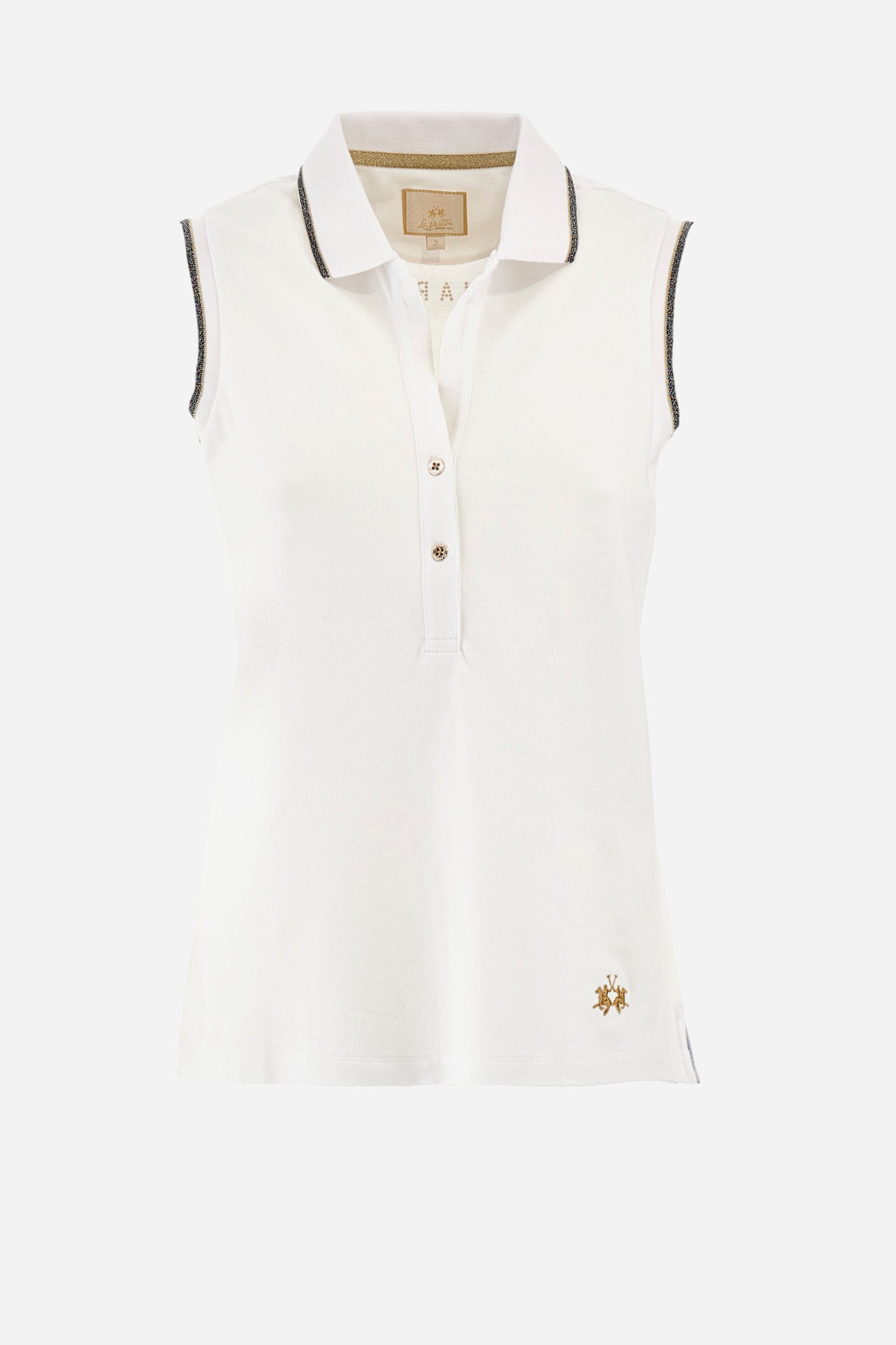 Women’s sleeveless polo shirt in solid color, made of stretch cotton. V-neck and 2 button closure. Collar and crew sleeves profiled and ribbed. Side slits. On the back there is the inscription "La Martina" composed of small rhinestones. The logo is present on the front. The fit is regular. The model wears a size 2 . - Optic White