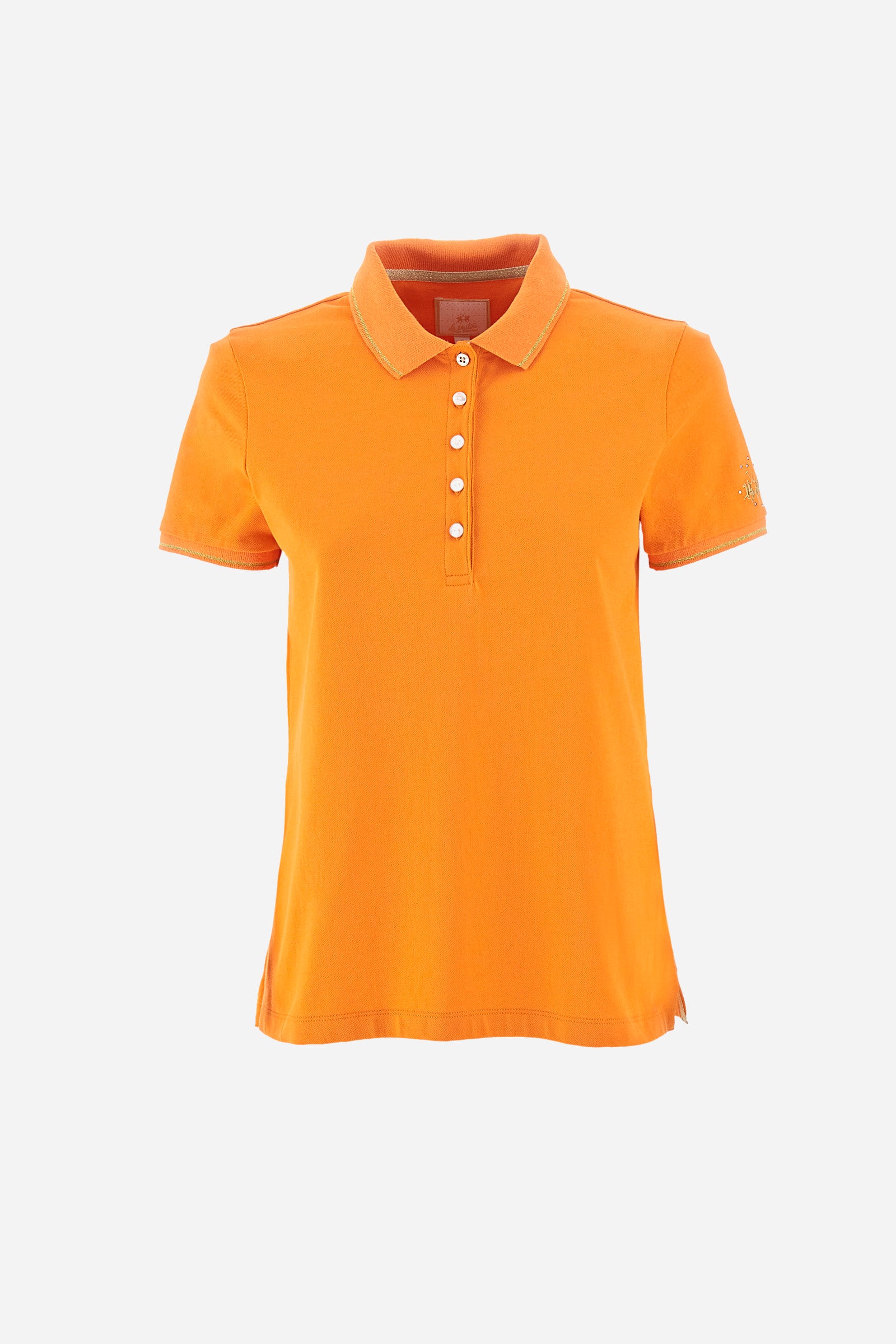 Women’s polo with short sleeves in solid color, made of stretch cotton. 5-button closure. Collar and crew sleeves profiled and ribbed. Side slits. Under the collar there is the inscription "La Martina". The logo is embroidered on a sleeve and embellished with the application of some rhinestones. The fit is regular. The model wears a size 2. - Celosia Orange