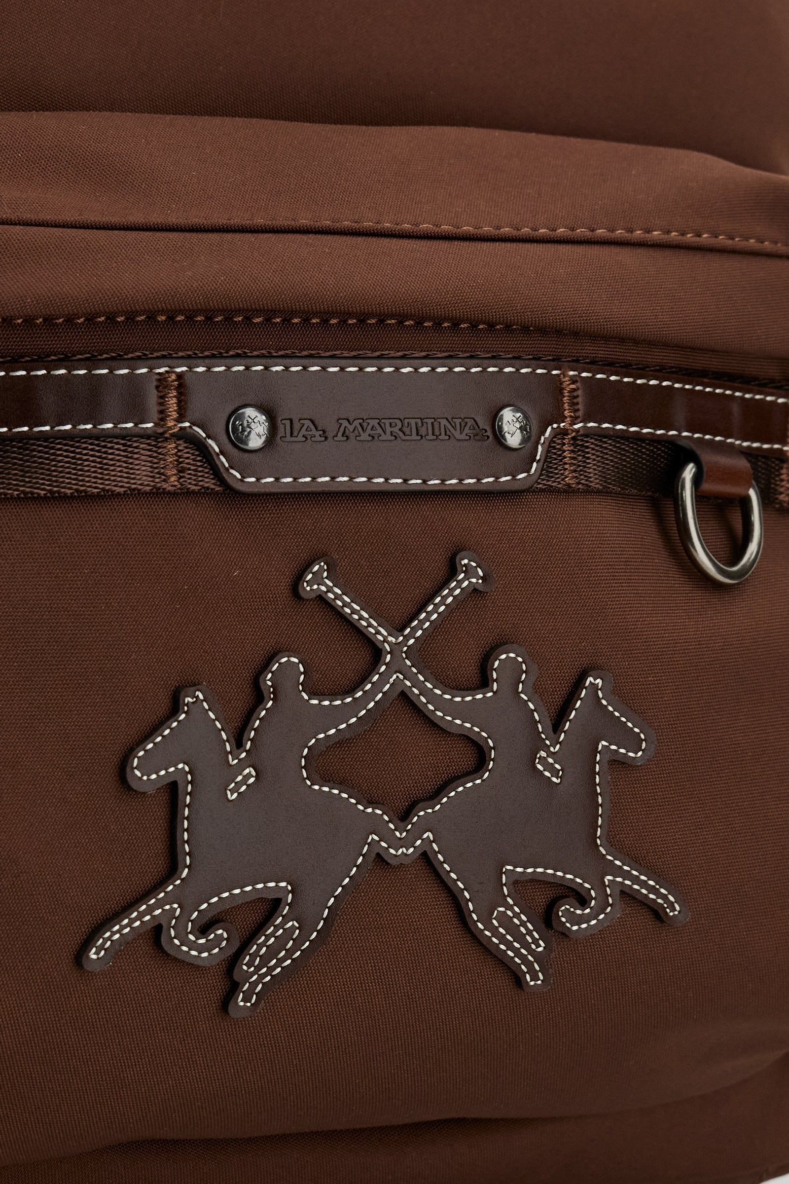 Backpack in matte technical canvas with eco-leather contrast details and applied maxi logo, modern and minimal design. - Tobacco / Sienna