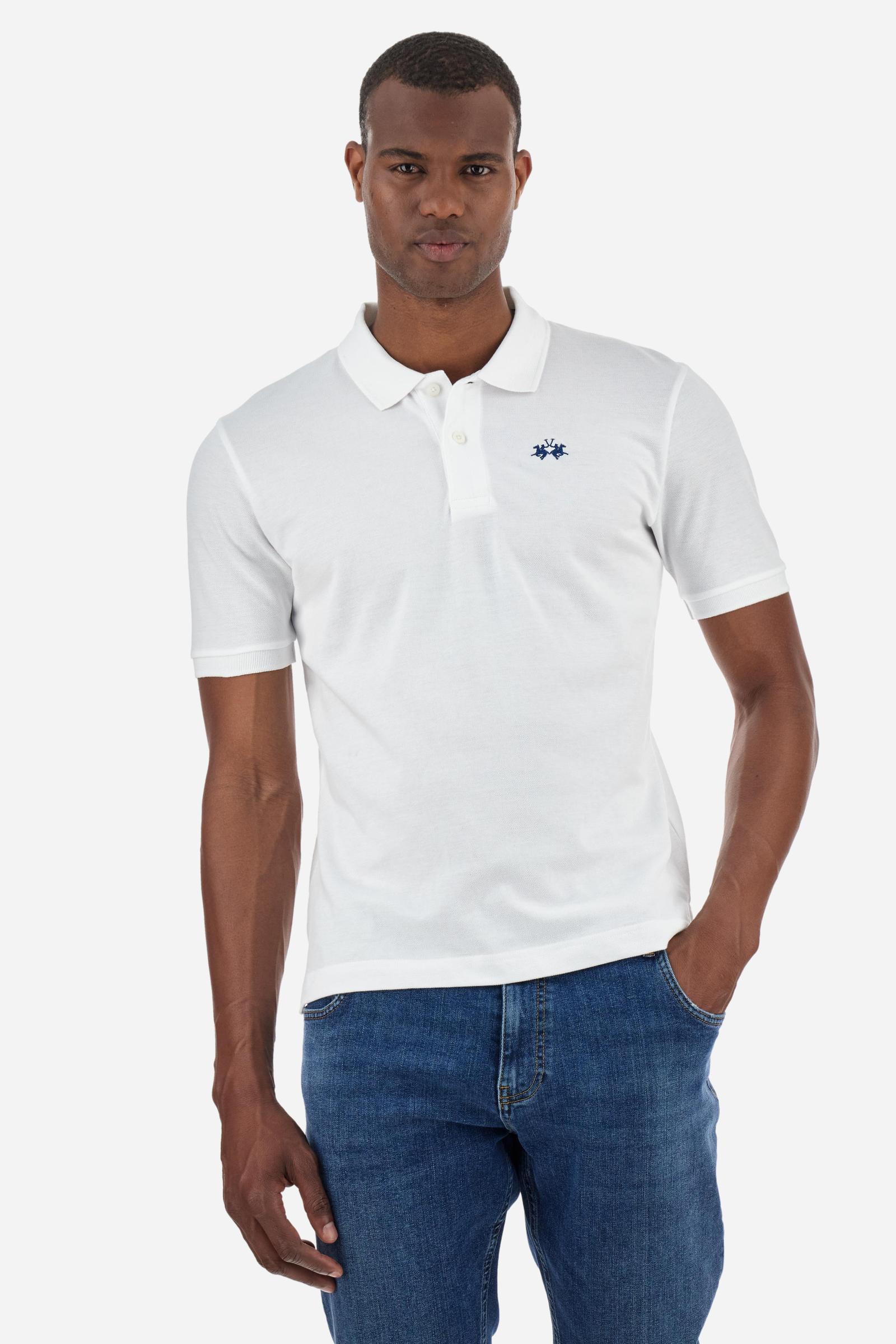 Men’s short sleeve cotton piqué polo shirt with regular fit, two-button placket and contrast brand logo. - Optic White