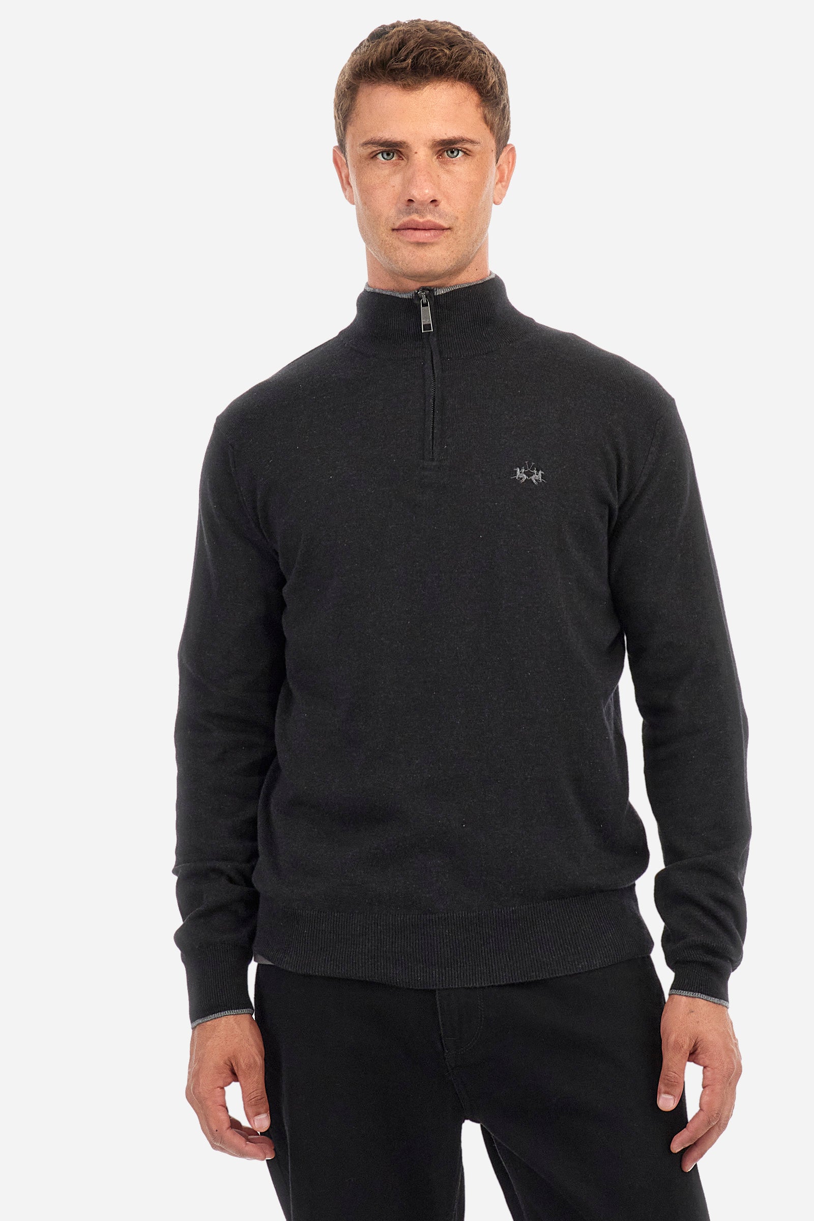 Men's plain mock polo neck pullover with long sleeves. Trimmed collar with a half zip, made from ribbed fabric to match the cuffs and hem. Made from a blend of cotton and wool. Featuring a small embroidered logo on the front. Regular fit. The model is wearing a size L. - Dark Heather Grey