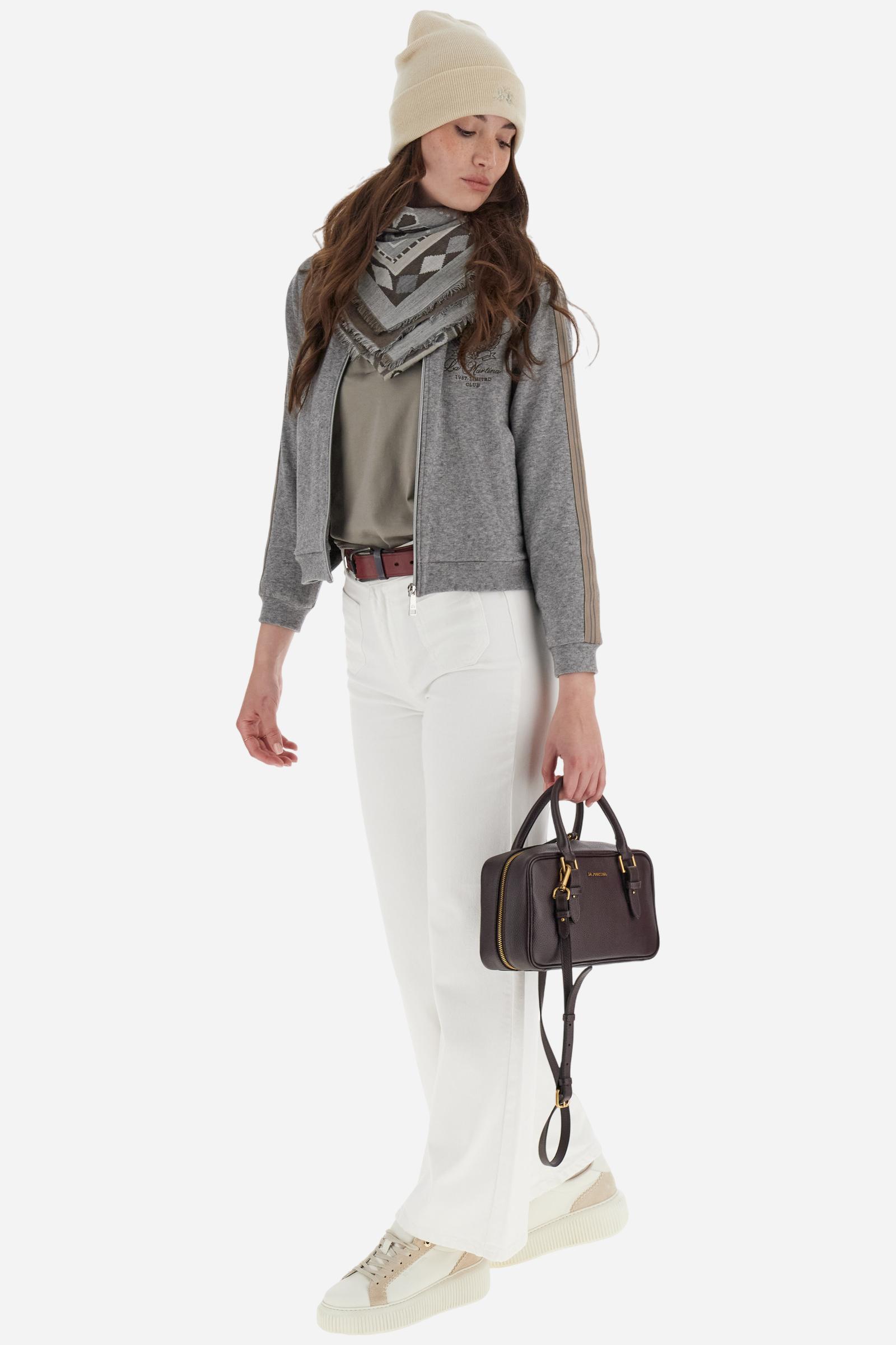 Women’s full-zip sweatshirt in interlock viscose blend. Long sleeves, straight cut with fluid line and striped details on sleeves. Regular fit. - Medium Heather Grey