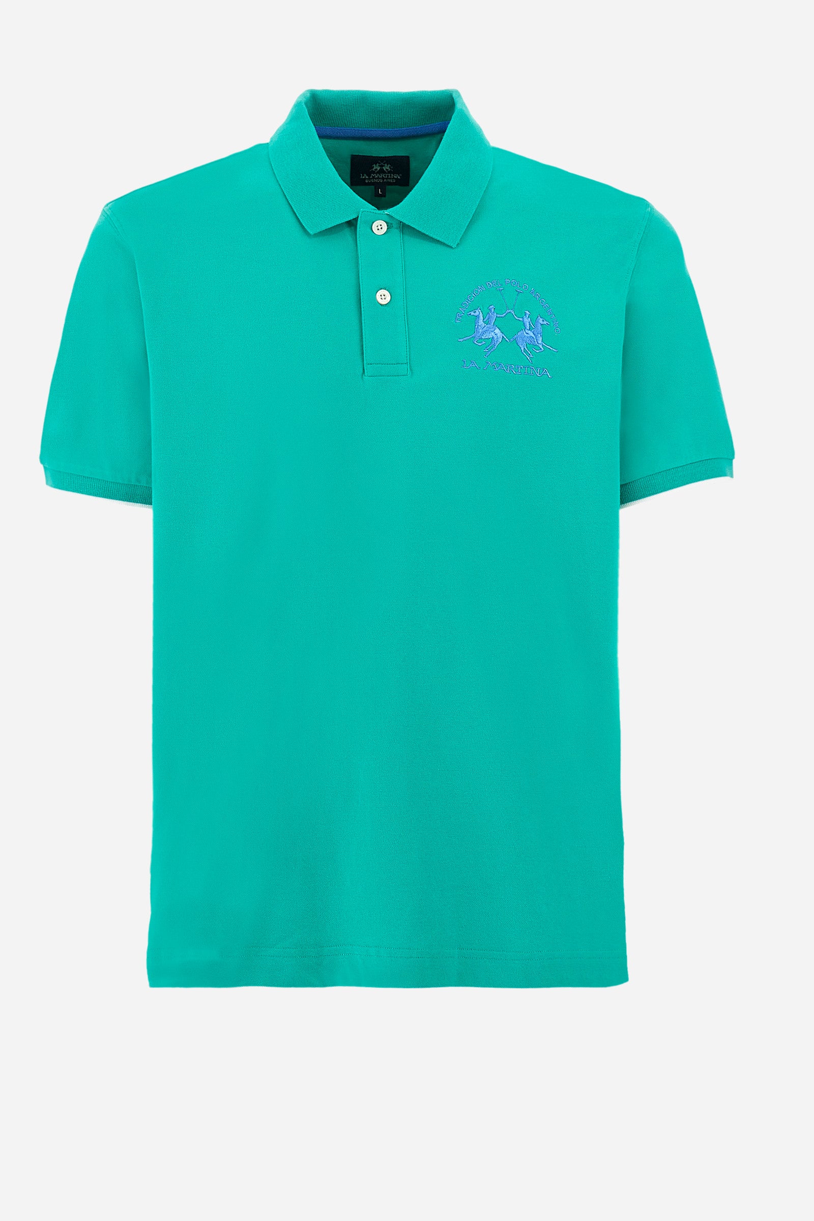 Men’s polo with short sleeves, regular fit. Made of stretch pique cotton. Classic model, with large embroidered logo in contrasting tone on the chest and profiled sleeve edges. The collar is accompanied by the writing La Martina, in contrasting tone. Ideal if worn with a denim collection. The model wears a size L. - Vivid Green