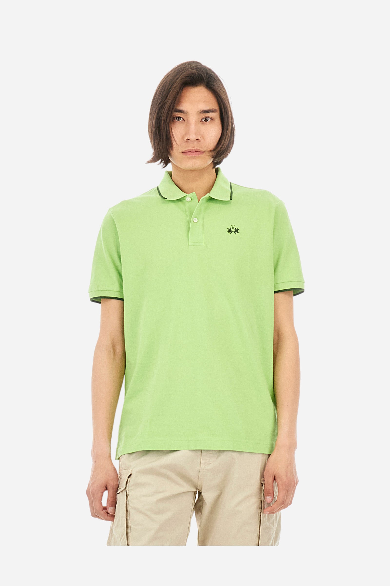 Men’s polo with short sleeves in stretch pique cotton. A classic La Martina, with a simple and linear style. The regular fit fits easily to any type of silhouette. A small La Martina logo is embroidered on the chest, in contrasting shades like the sleeve edge. The model is 187 cm tall and wears a size L. - Lime Green