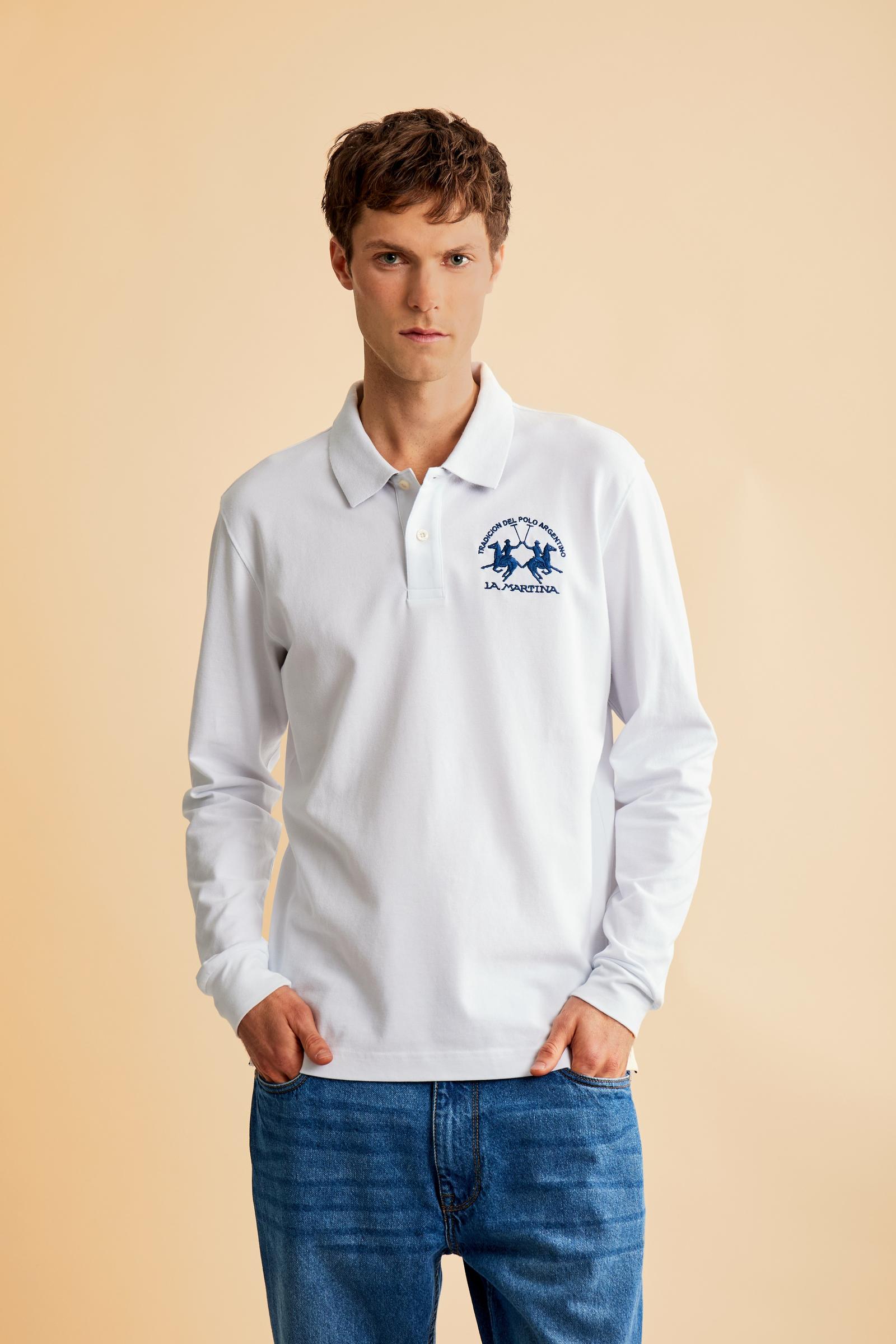 Men's long-sleeved polo shirt in stretch cotton with a regular fit - Optic White