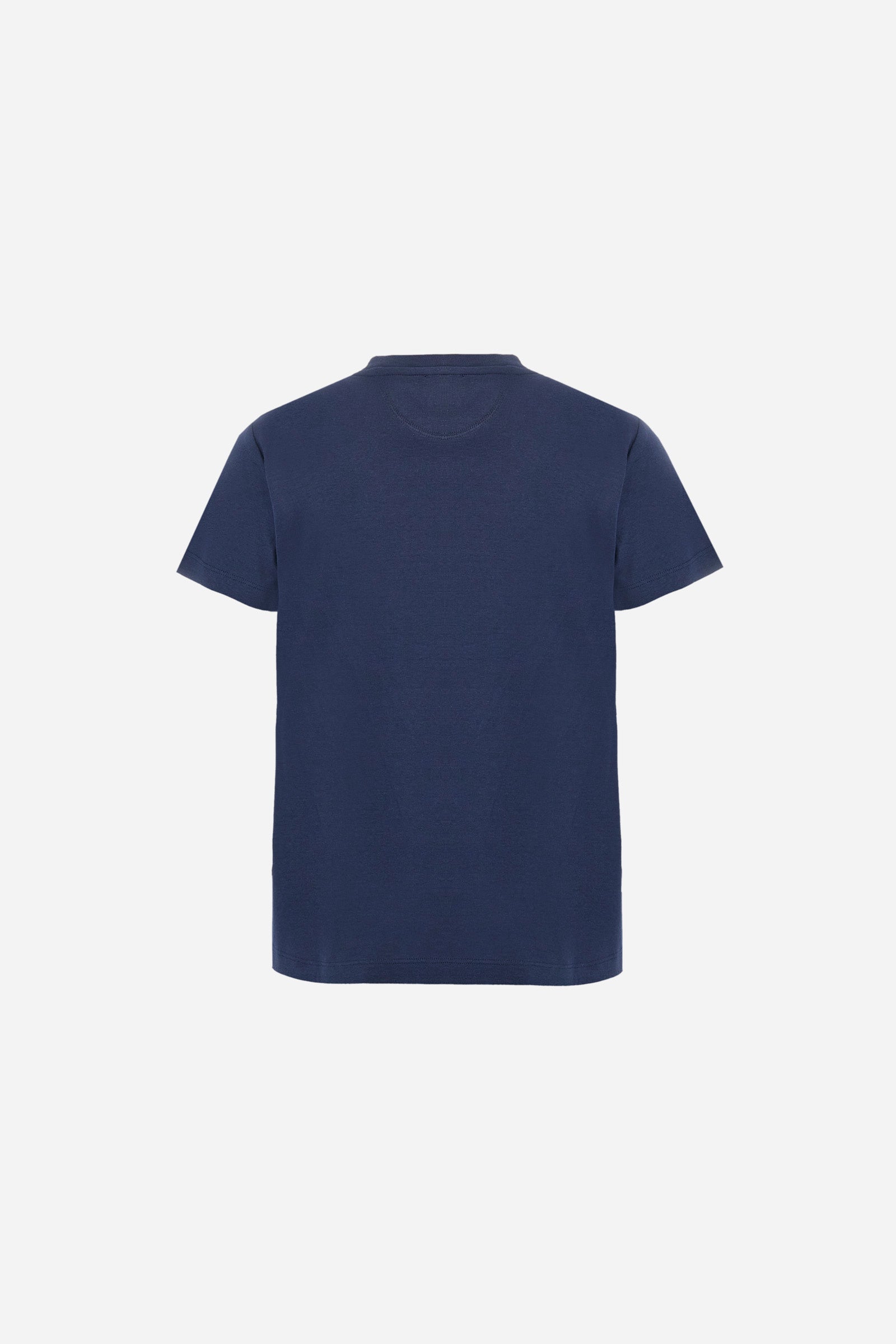 Women’s short-sleeve T-shirt in 100% cotton ribbed jersey. Crew neck model with contrast detail inside the neckline and maxi flock print of the brand logo on the chest in contrast colour. Slim fit. The model wears size 2. - Navy