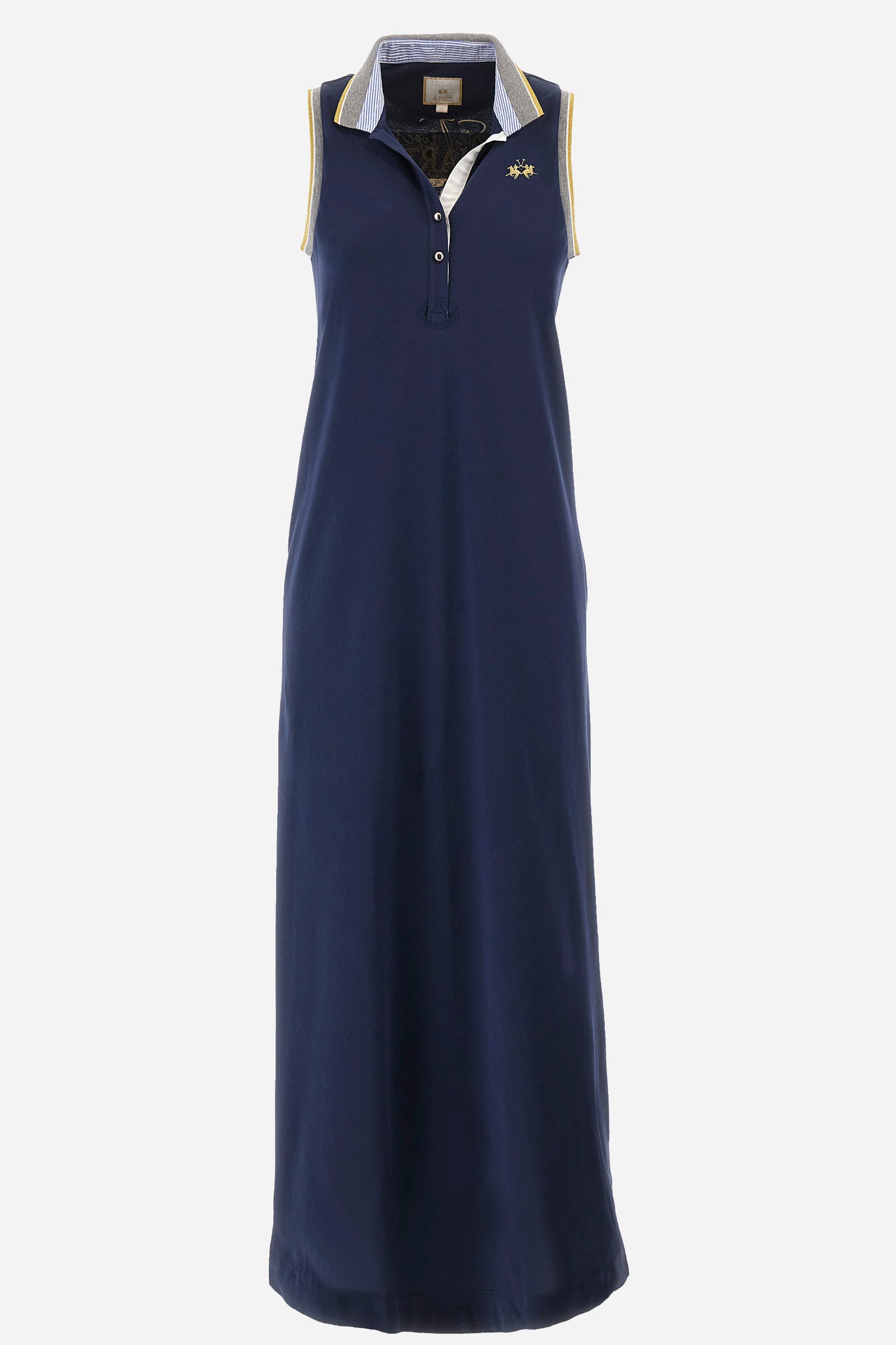 Single-colour sleeveless dress made of elasticated cotton. French collar. With a V-neck and two-button fastening. Armholes and collar in a different shade from the main garment, for a contrasting effect. Soft, straight-cut, foot-length silhouette. Featuring two front welt pockets. Featuring a small embroidered logo on the front. The back features printed symbols and the words "St.Tropez" and "La Martina". The fit is regular. The model wears a size 2. - Navy
